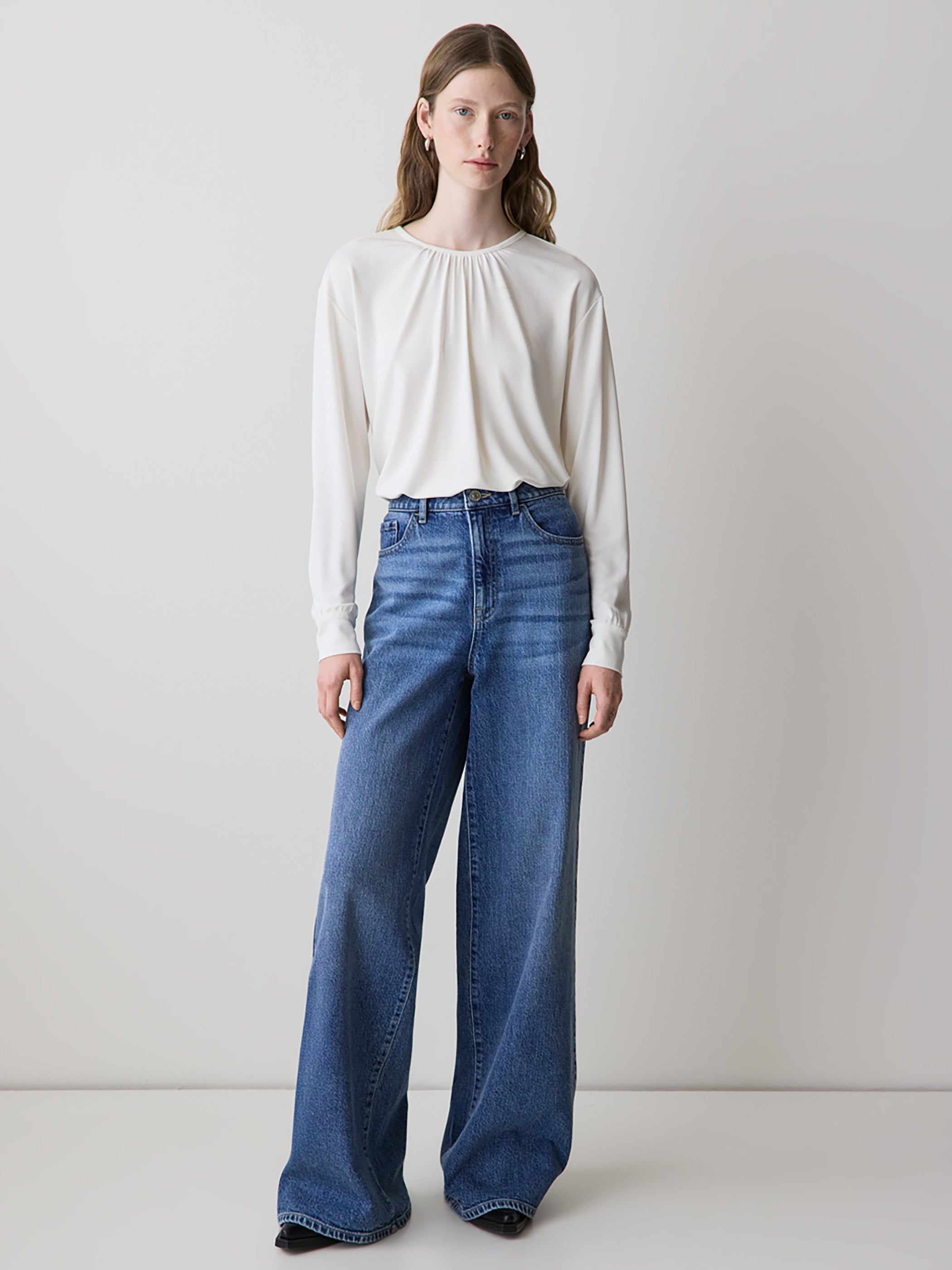 Long-Sleeve Top with Shirred Crew Neckline rw&co Great Value Deal