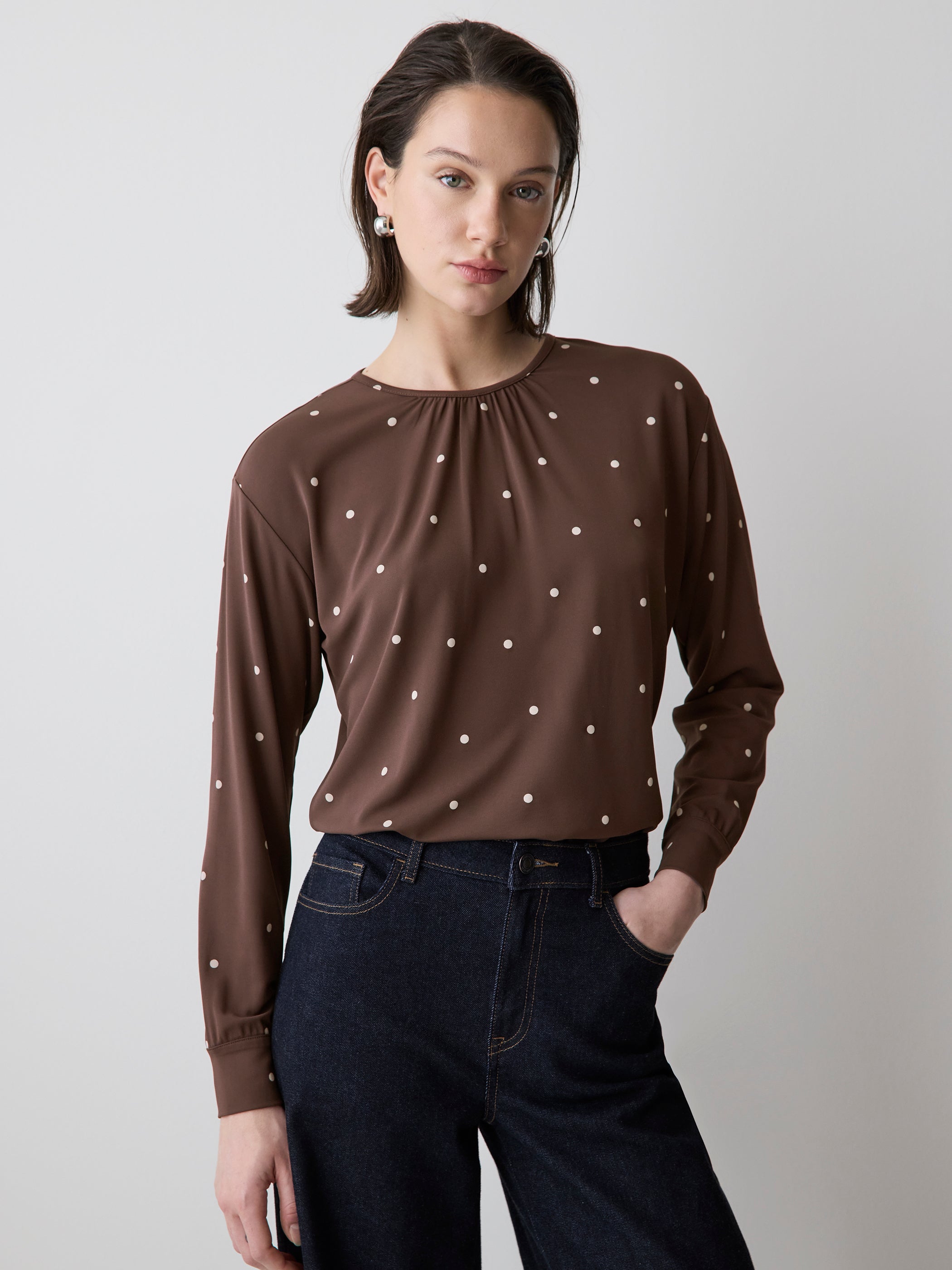 Long-Sleeve Top with Shirred Crew Neckline rw&co Great Value Deal