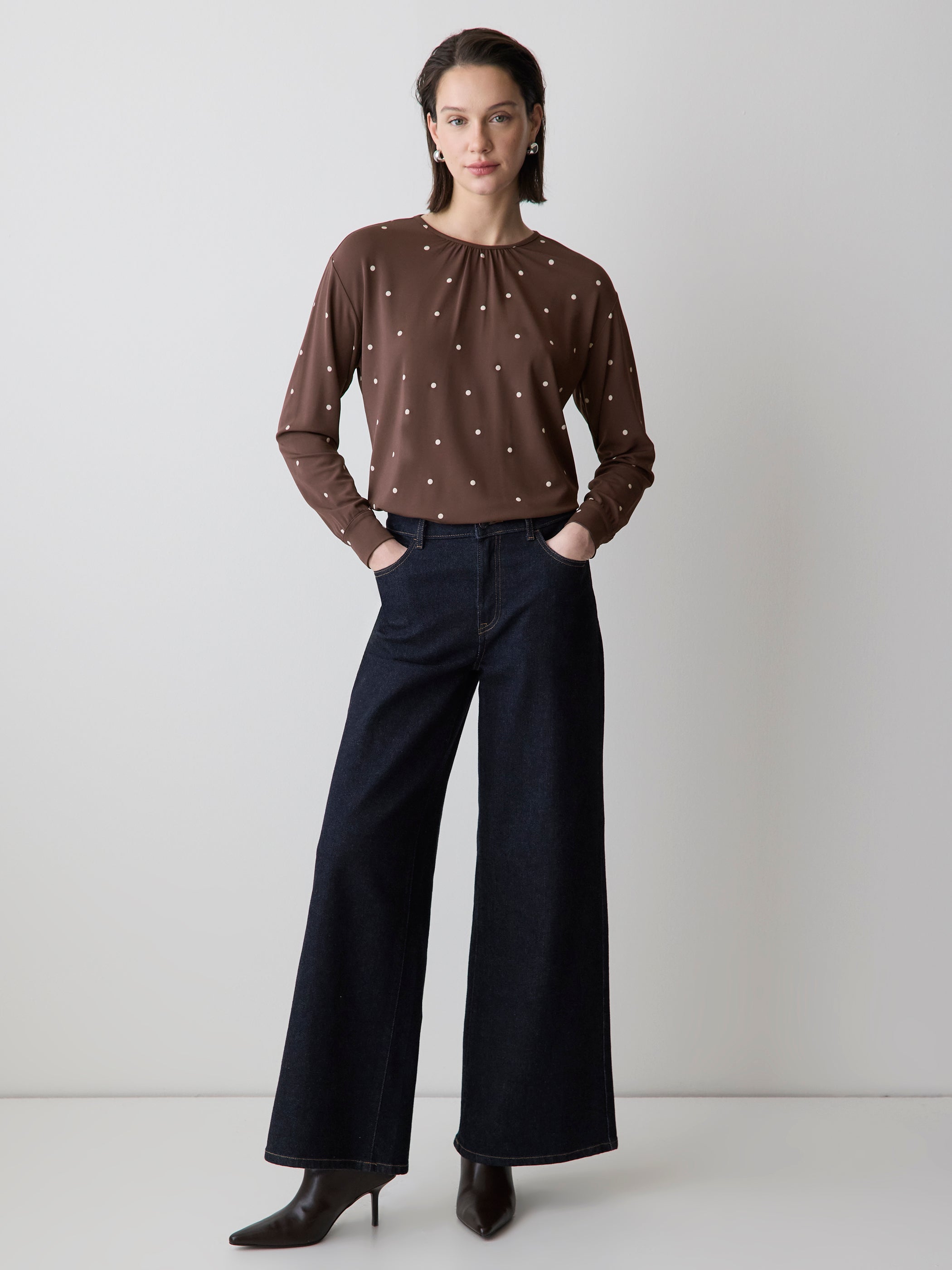 Long-Sleeve Top with Shirred Crew Neckline rw&co Great Value Deal