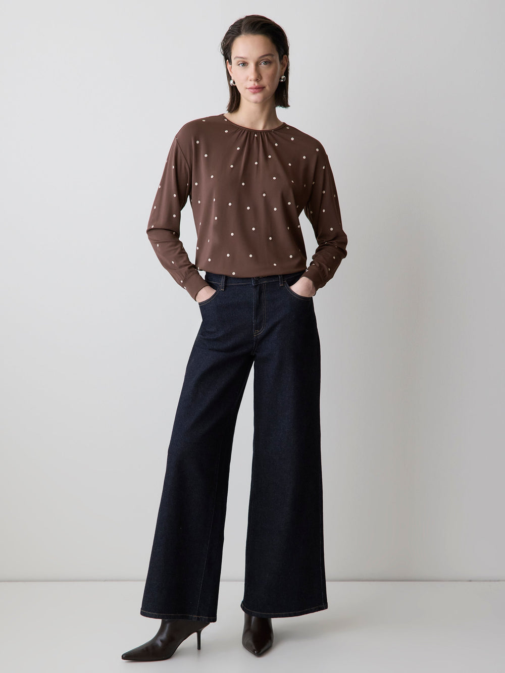Long-Sleeve Top with Shirred Crew Neckline rw&co Great Value Deal