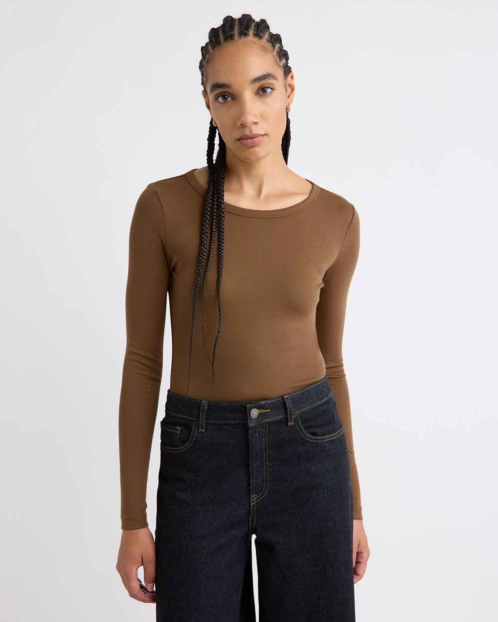 Luxe Knit Long-Sleeve Crew-Neck Fitted Ribbed Tee rw&co Special Offer