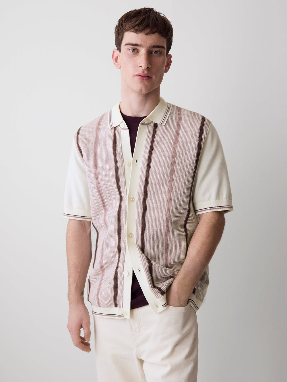 Short-Sleeve Shirt Sweater with Vertical Stripes rw&co Exclusive Sale Price