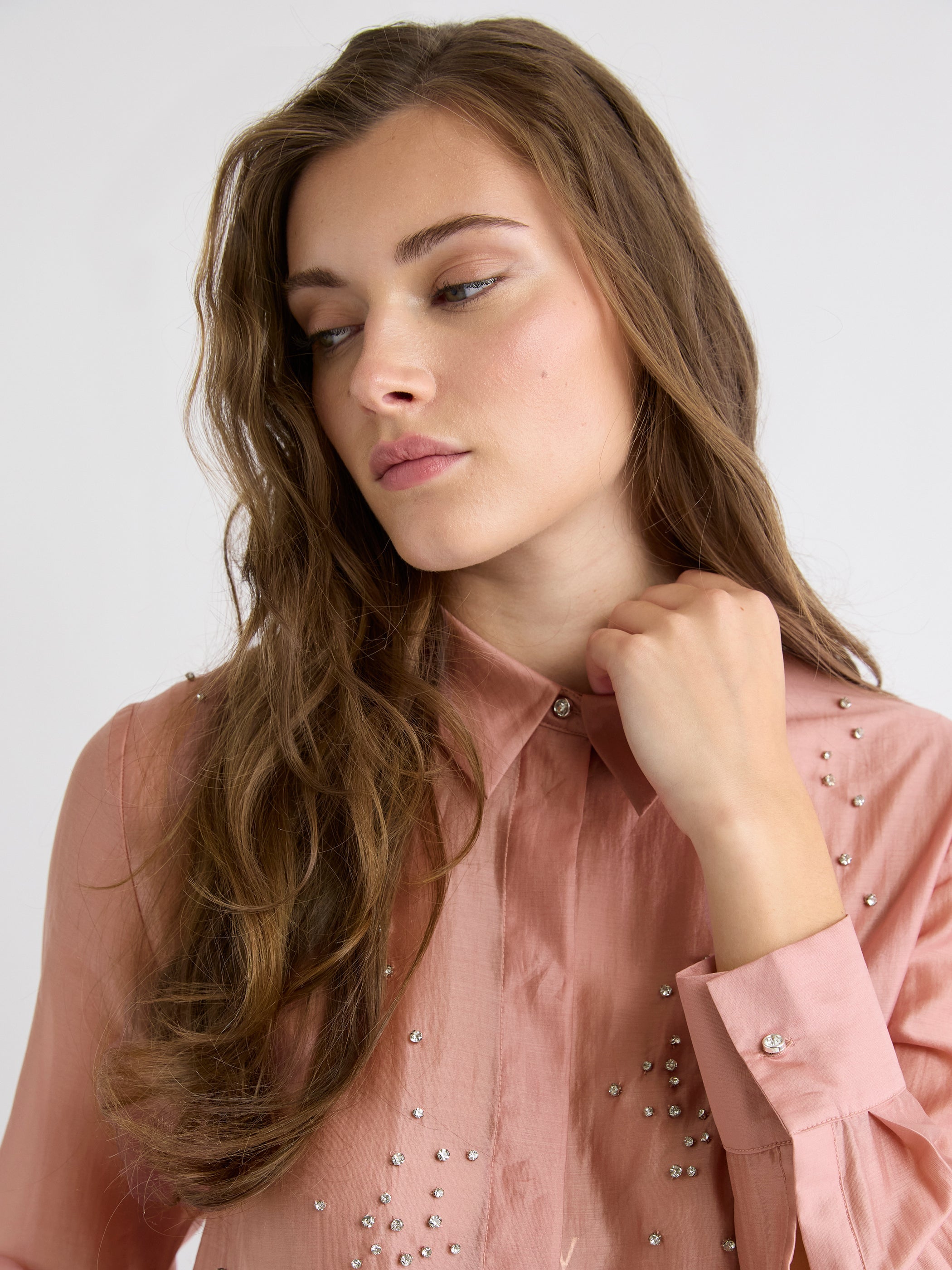 Long-Sleeve Buttoned-Down Blouse with Rhinestones rw&co On Sale