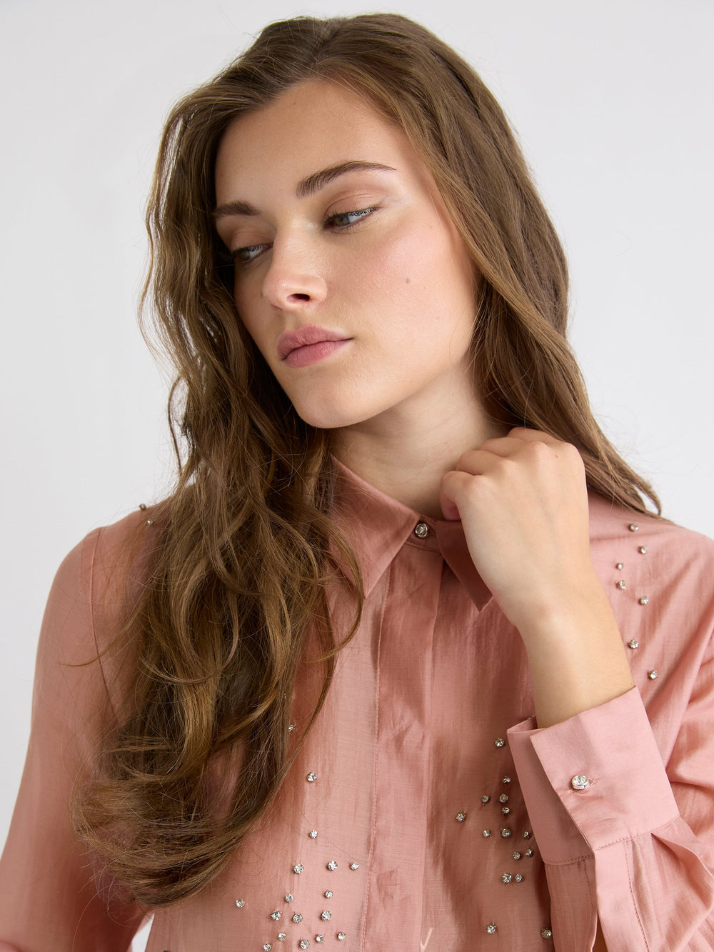 Long-Sleeve Buttoned-Down Blouse with Rhinestones rw&co On Sale