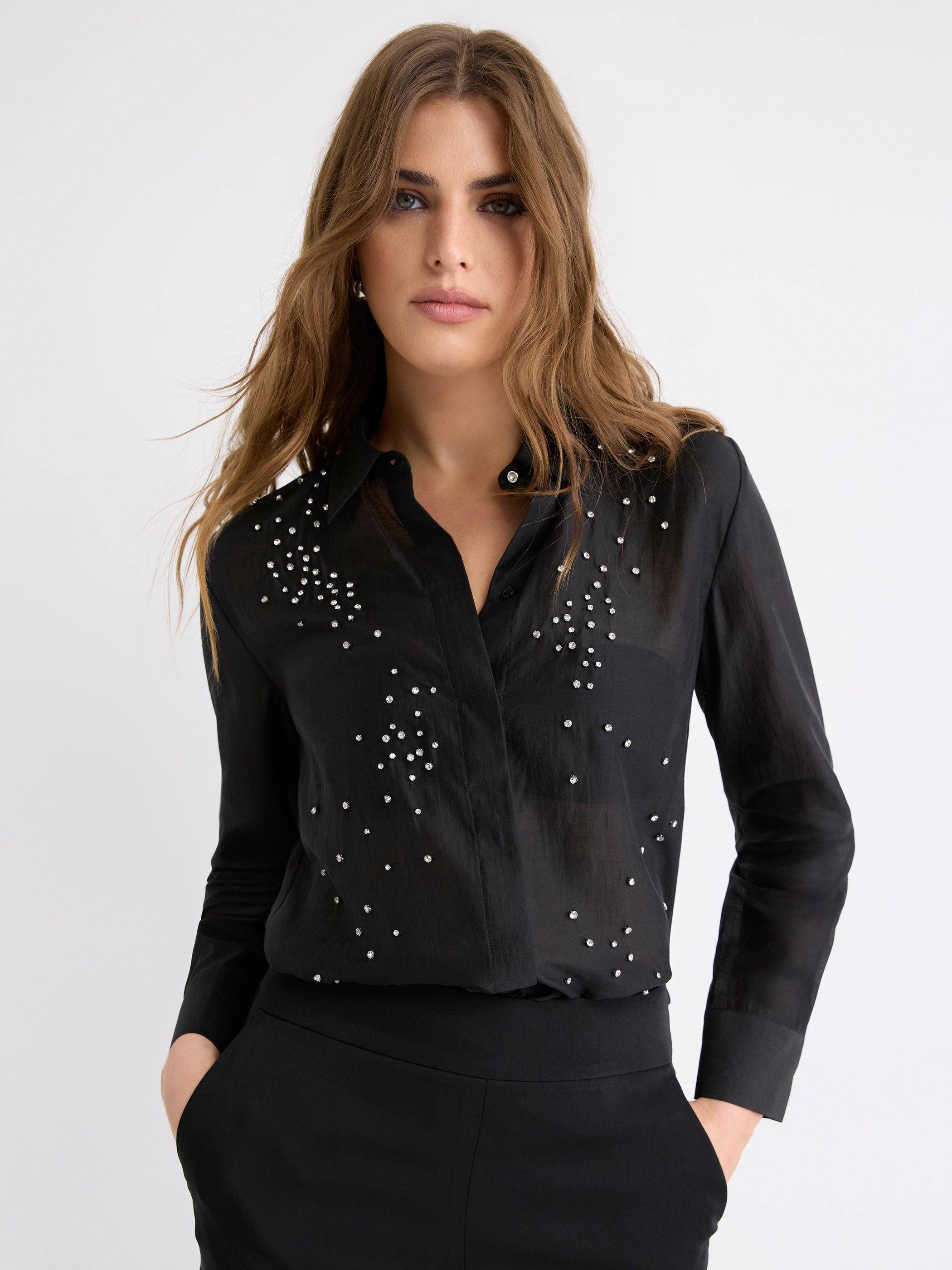 Long-Sleeve Buttoned-Down Blouse with Rhinestones rw&co On Sale