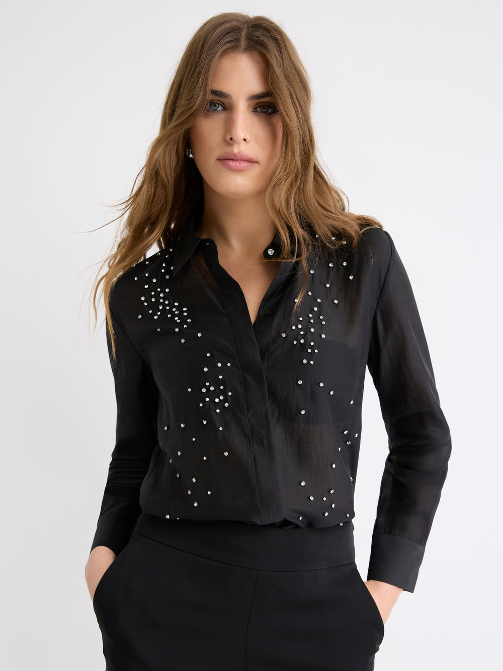 Long-Sleeve Buttoned-Down Blouse with Rhinestones rw&co On Sale