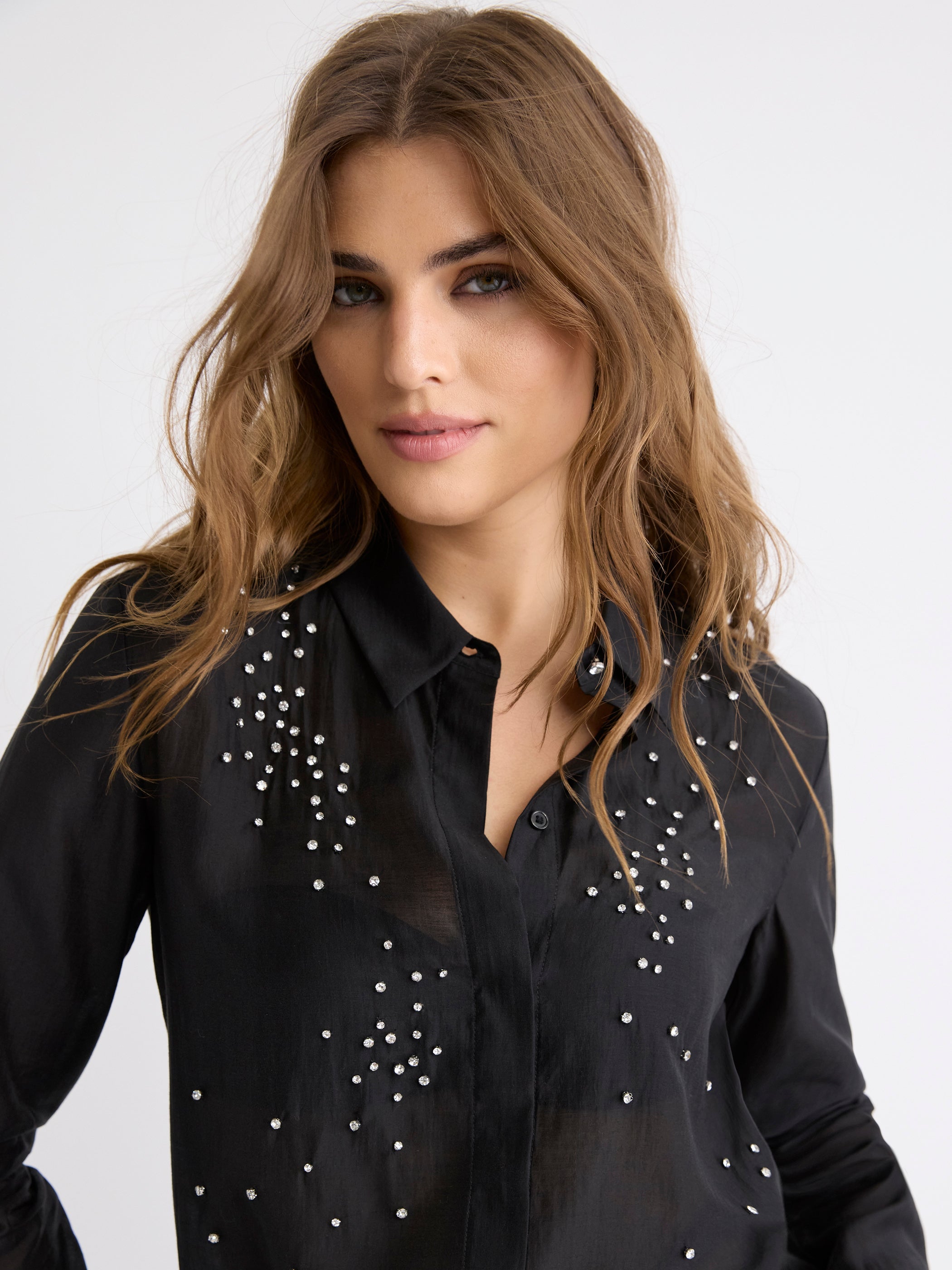 Long-Sleeve Buttoned-Down Blouse with Rhinestones rw&co On Sale