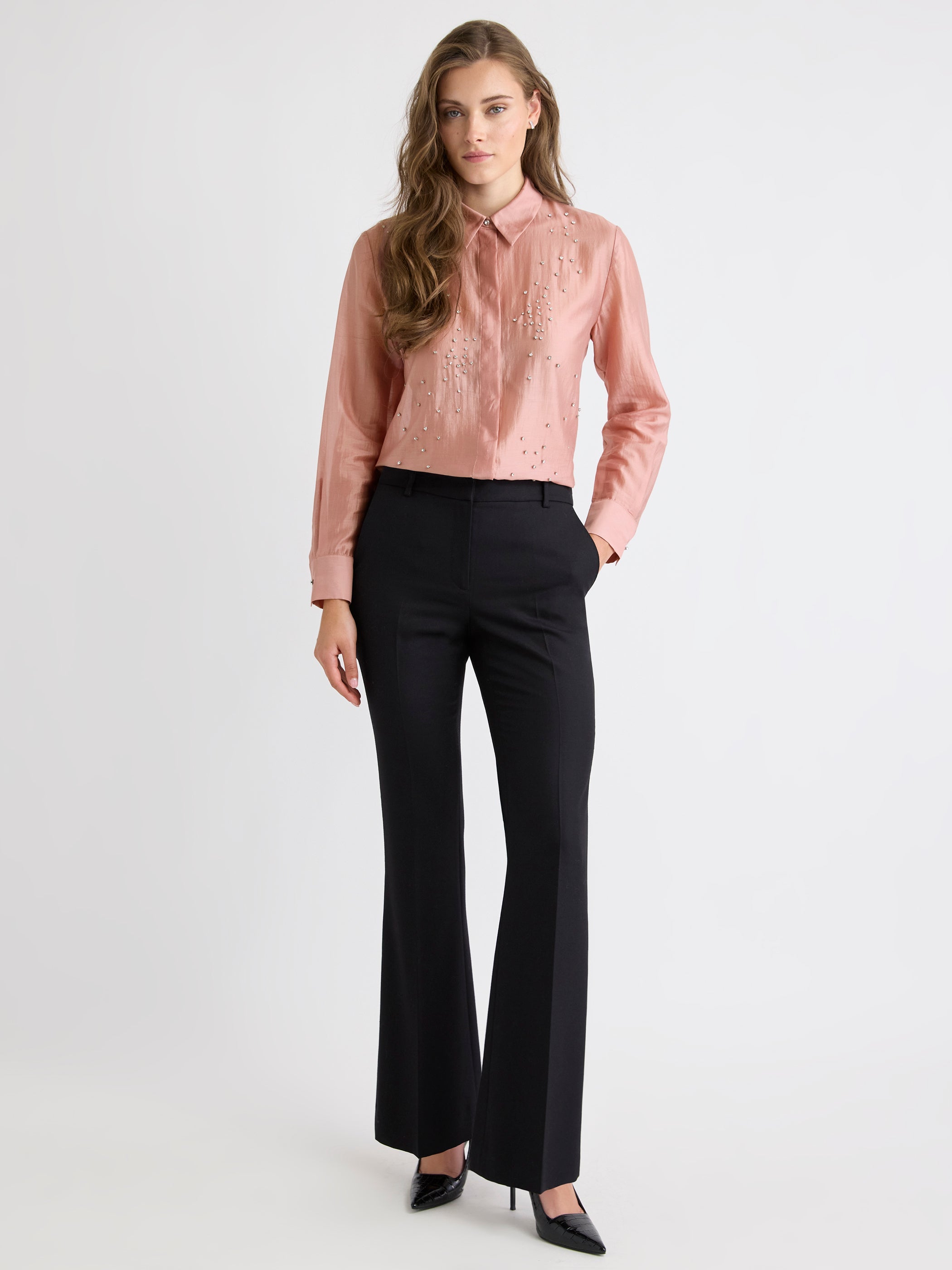 Long-Sleeve Buttoned-Down Blouse with Rhinestones rw&co On Sale