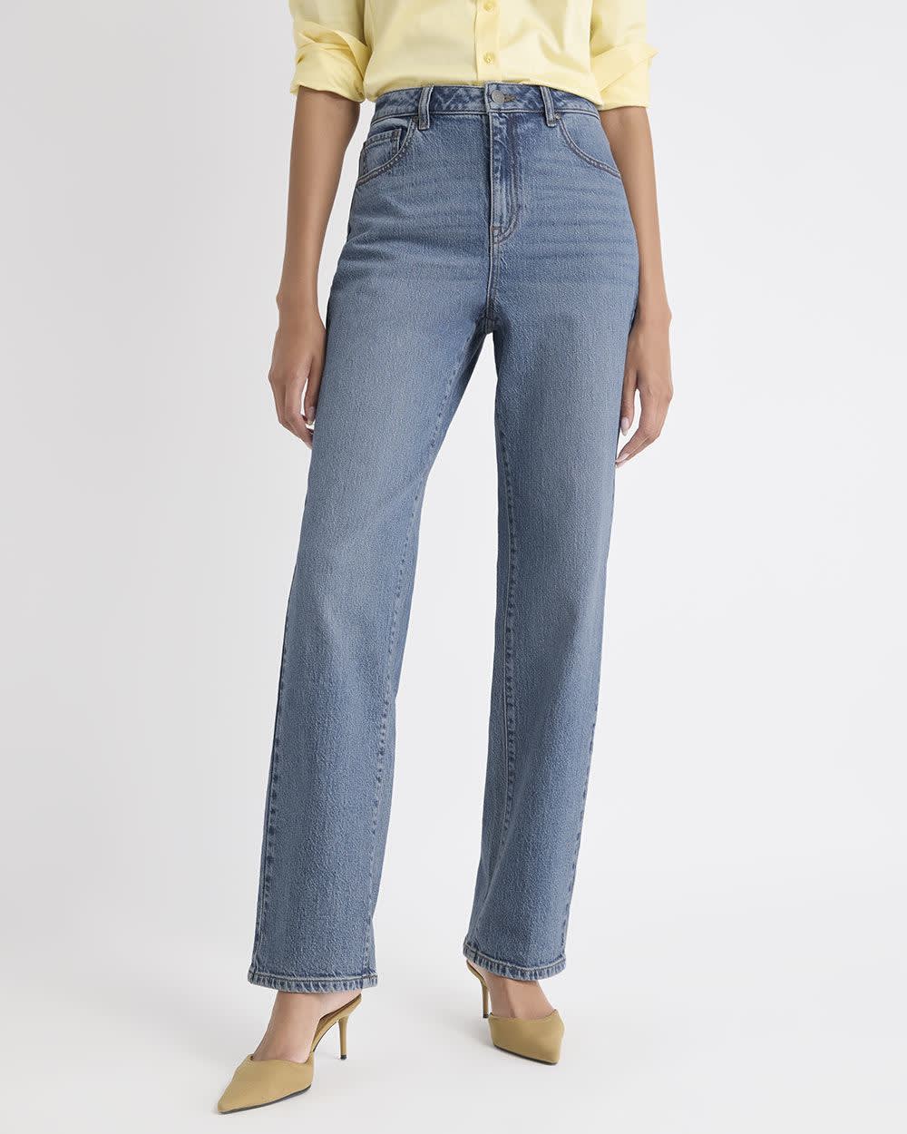 Long Medium-Wash Straight-Leg Jeans rw&co On Sale