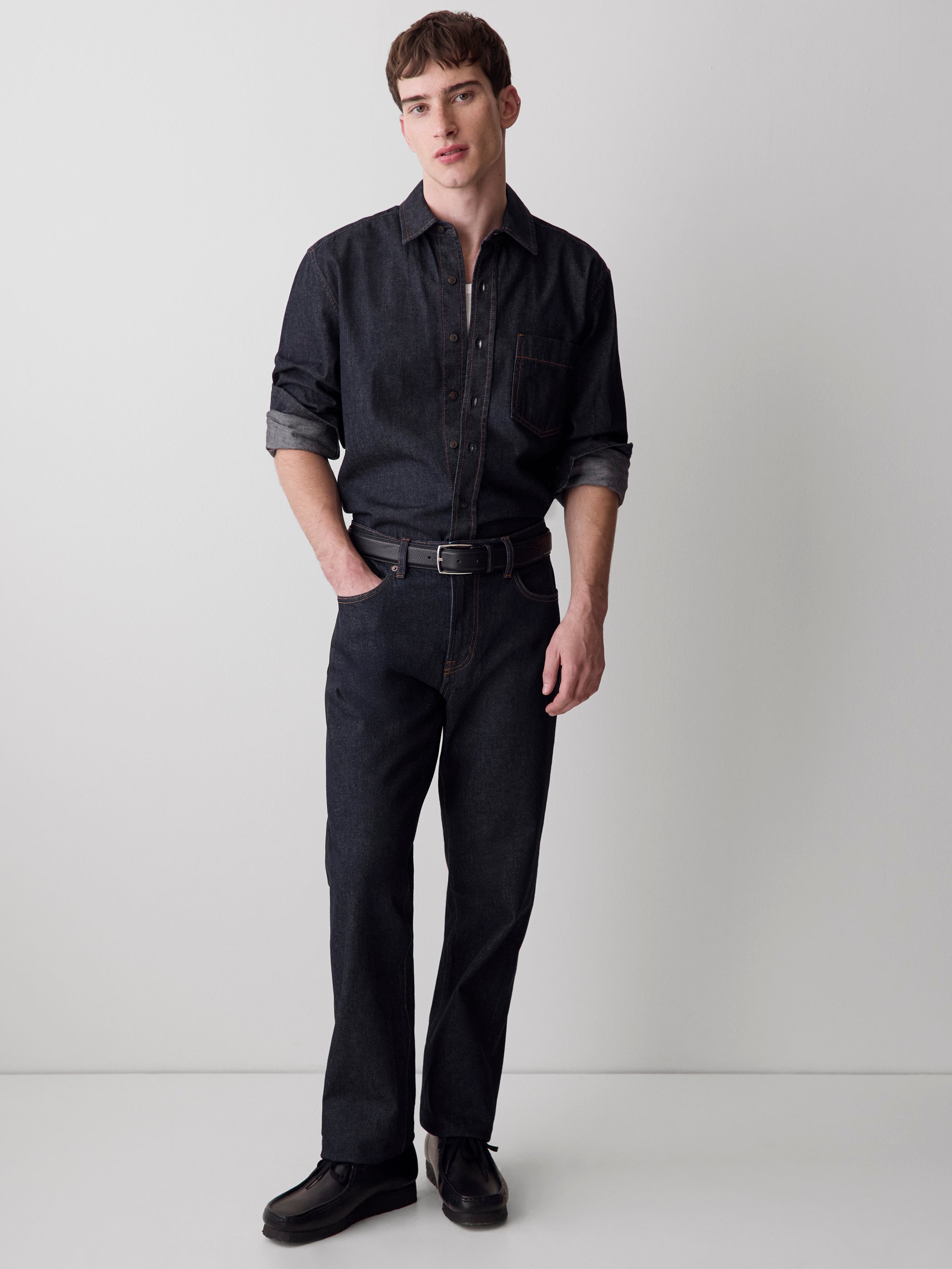 Long-Sleeve Raw Denim Shirt with Chest Pocket rw&co Exclusive Sale Price