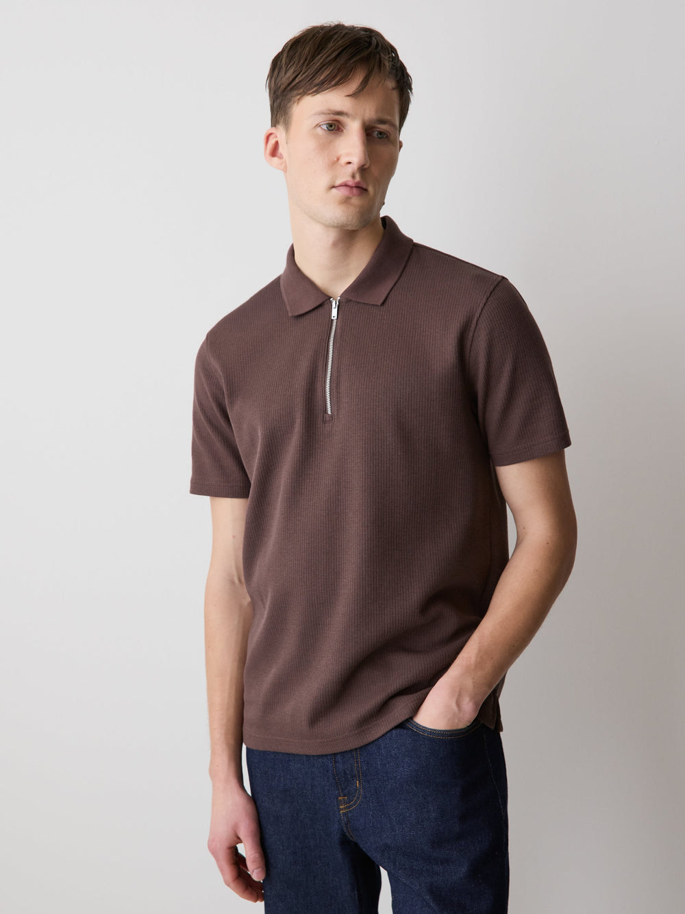 Short-Sleeve Ribbed Quarter-Zip Polo rw&co On Sale