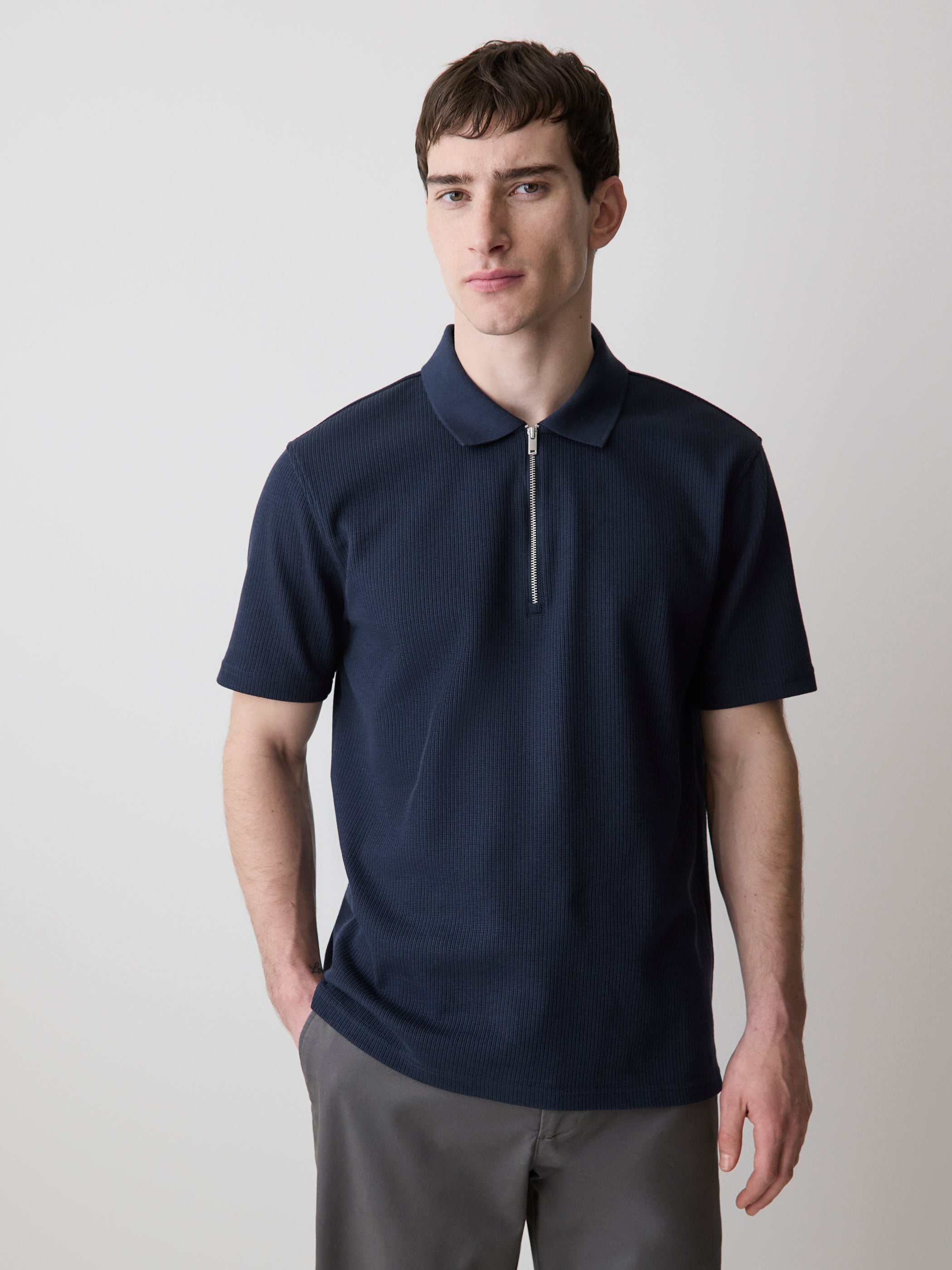 Short-Sleeve Ribbed Quarter-Zip Polo rw&co On Sale