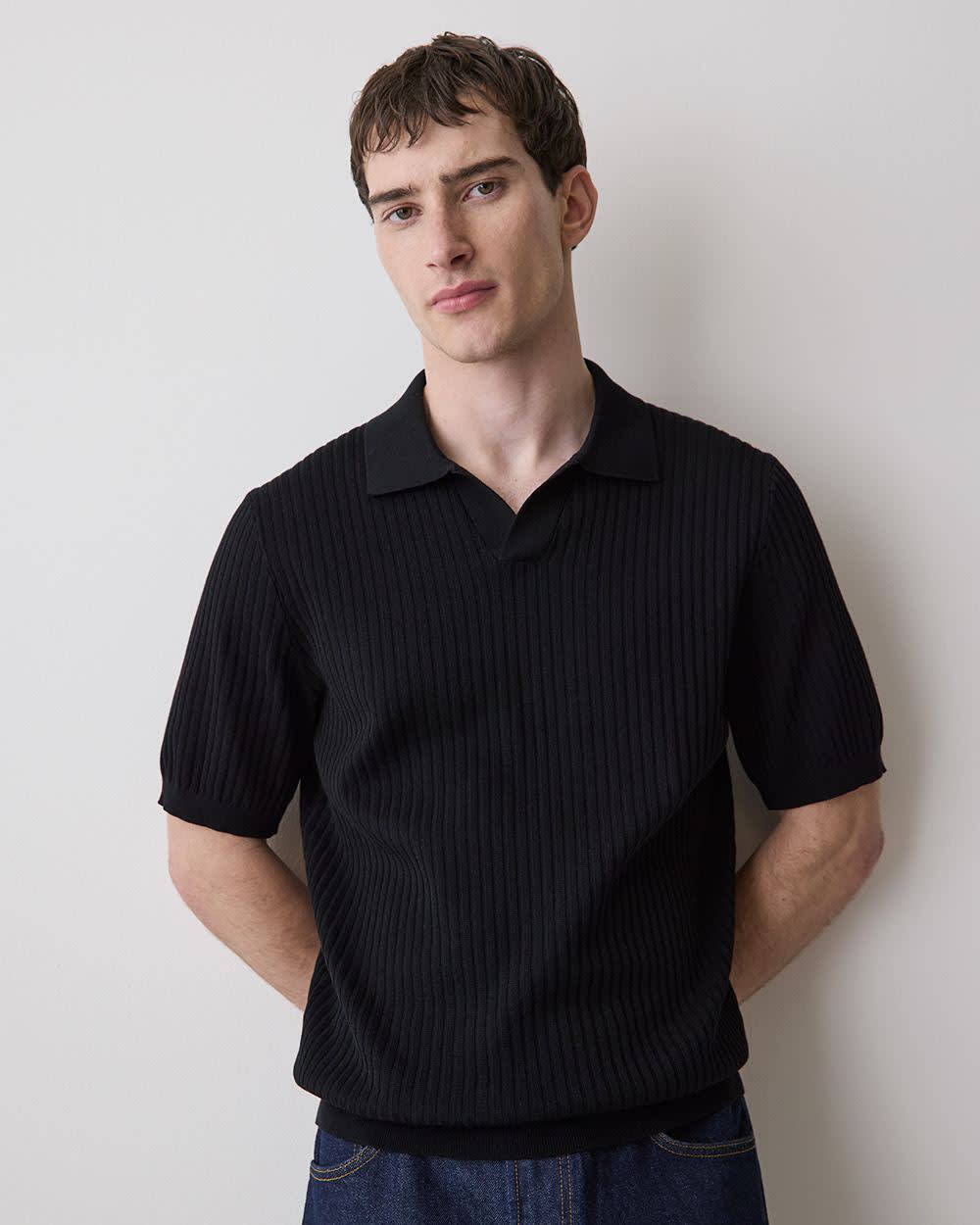 Cotton Short-Sleeve Polo with Johnny Collar rw&co Great Value Deal
