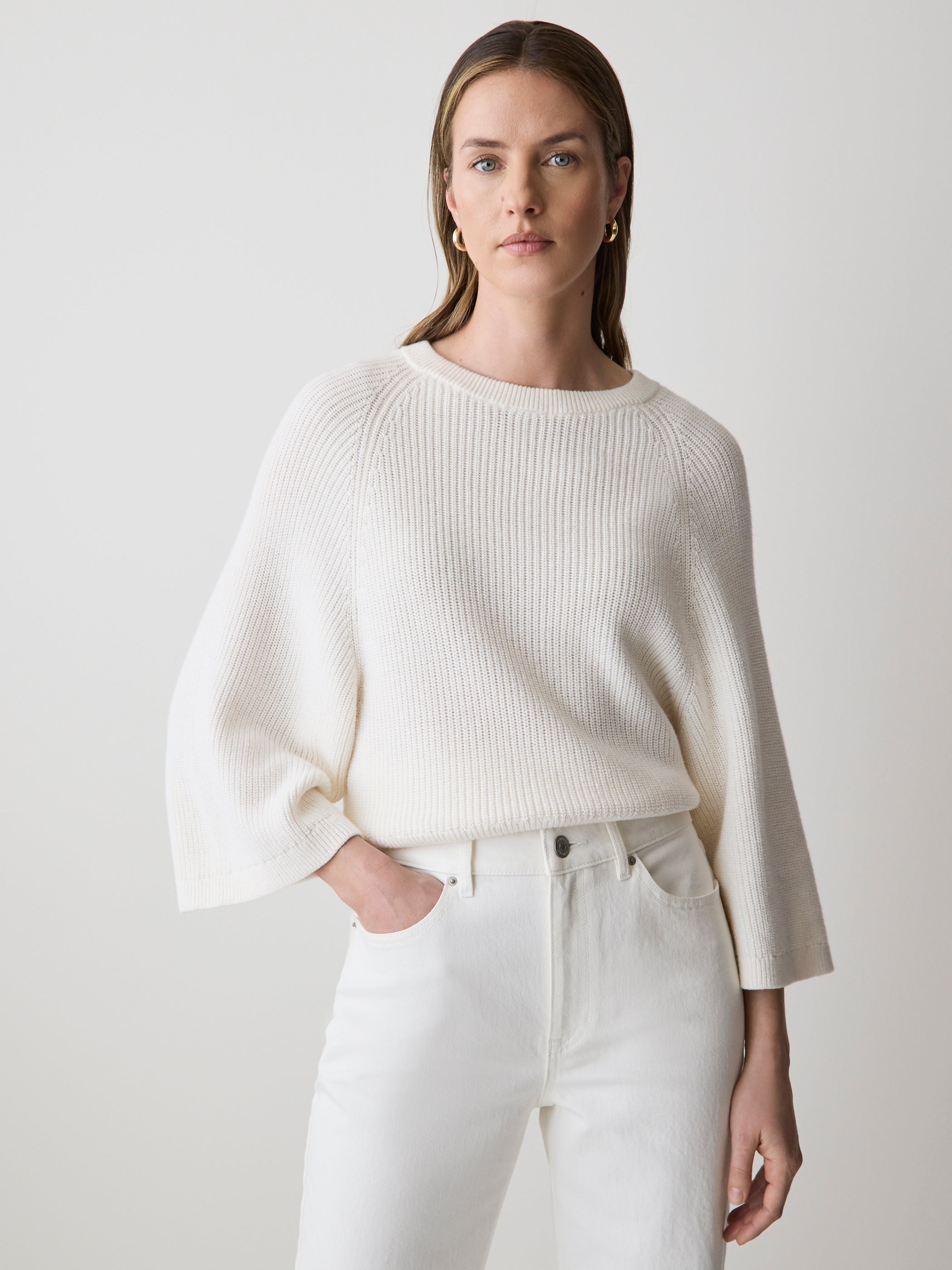 Wide-Sleeve Crew-Neck Merino-Blend Sweater rw&co Limited Time Discount