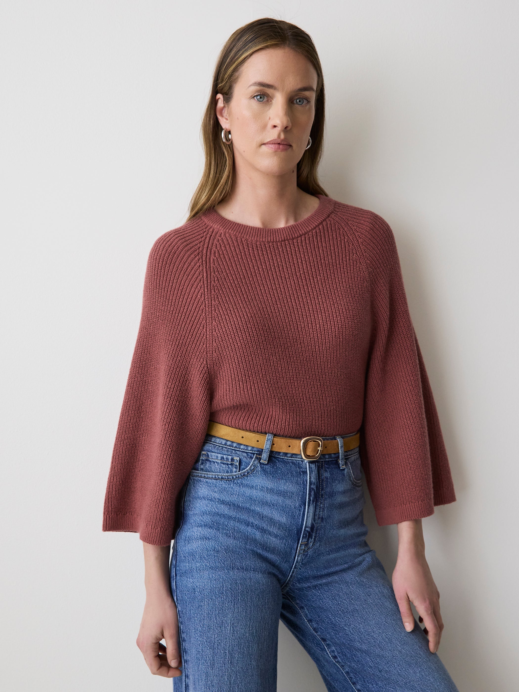 Wide-Sleeve Crew-Neck Merino-Blend Sweater rw&co Limited Time Discount