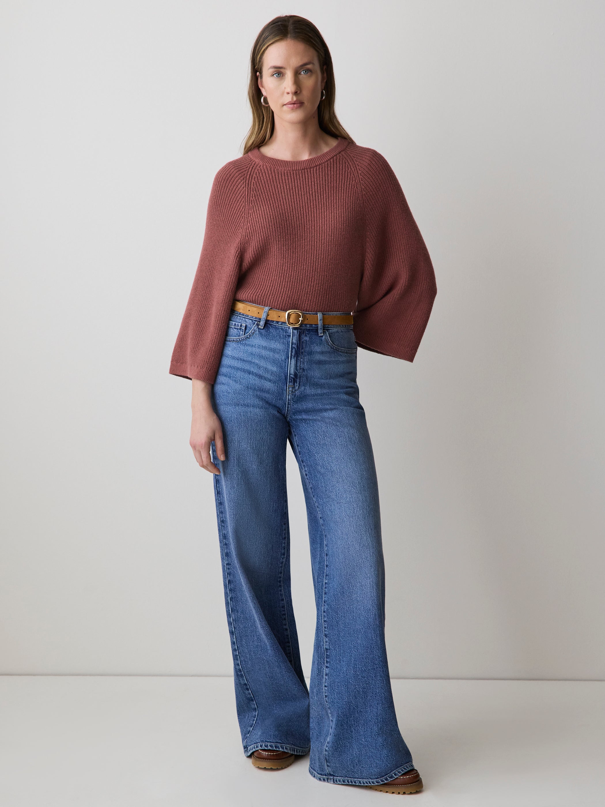 Wide-Sleeve Crew-Neck Merino-Blend Sweater rw&co Limited Time Discount