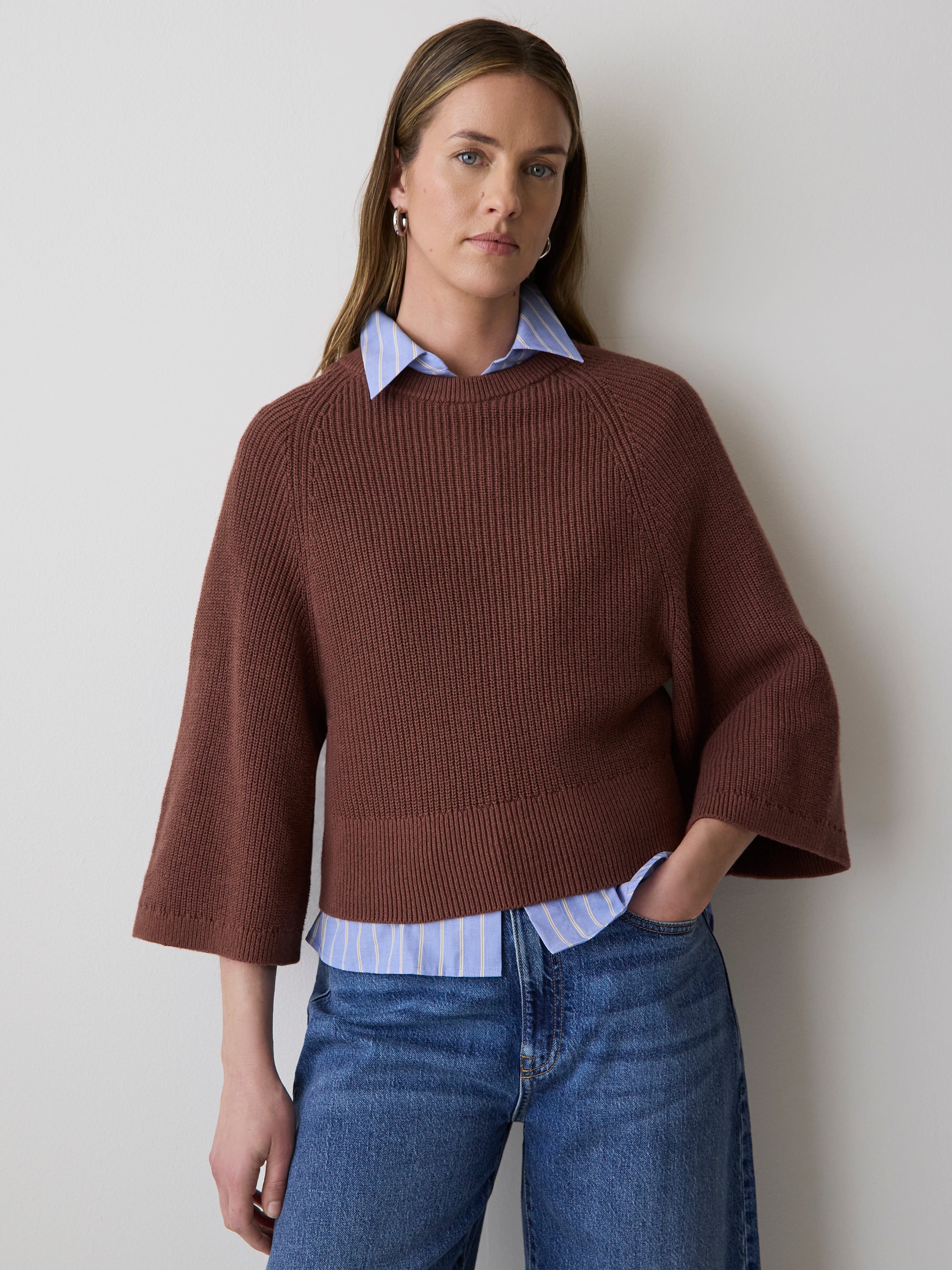 Wide-Sleeve Crew-Neck Merino-Blend Sweater rw&co Limited Time Discount