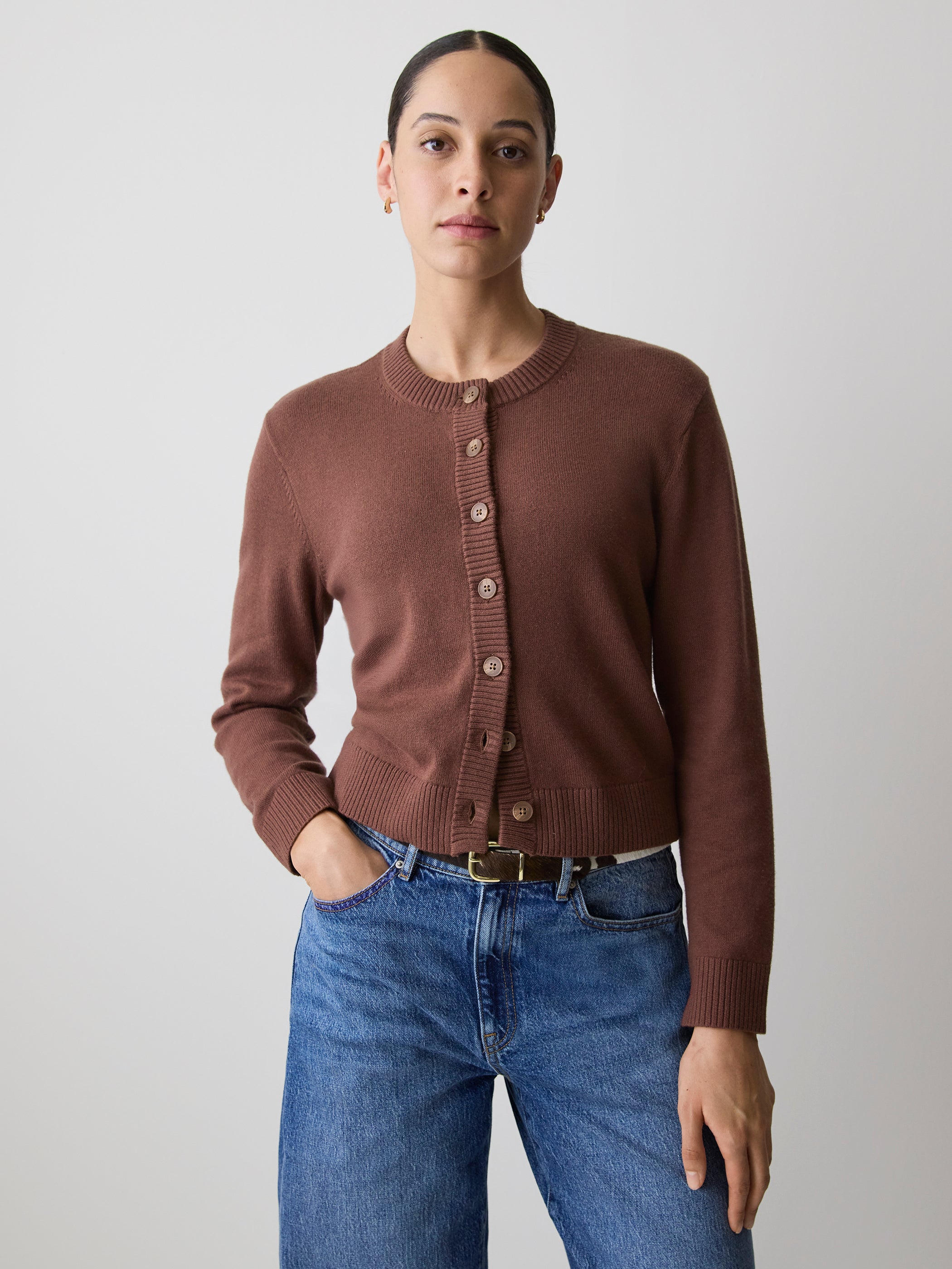 Wool-Blend Long-Sleeve Crew-Neck Cardigan rw&co Special Offer