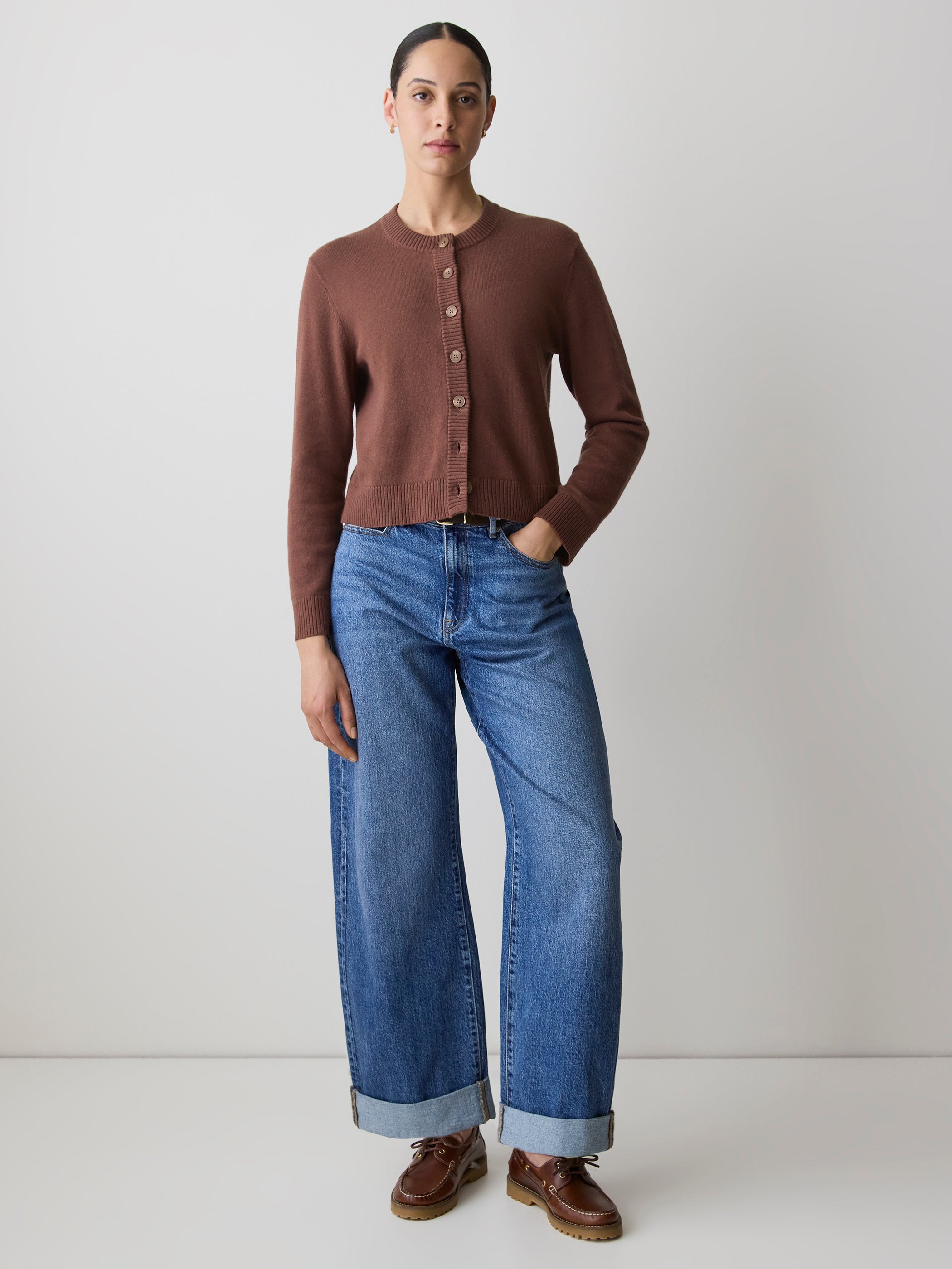 Wool-Blend Long-Sleeve Crew-Neck Cardigan rw&co Special Offer