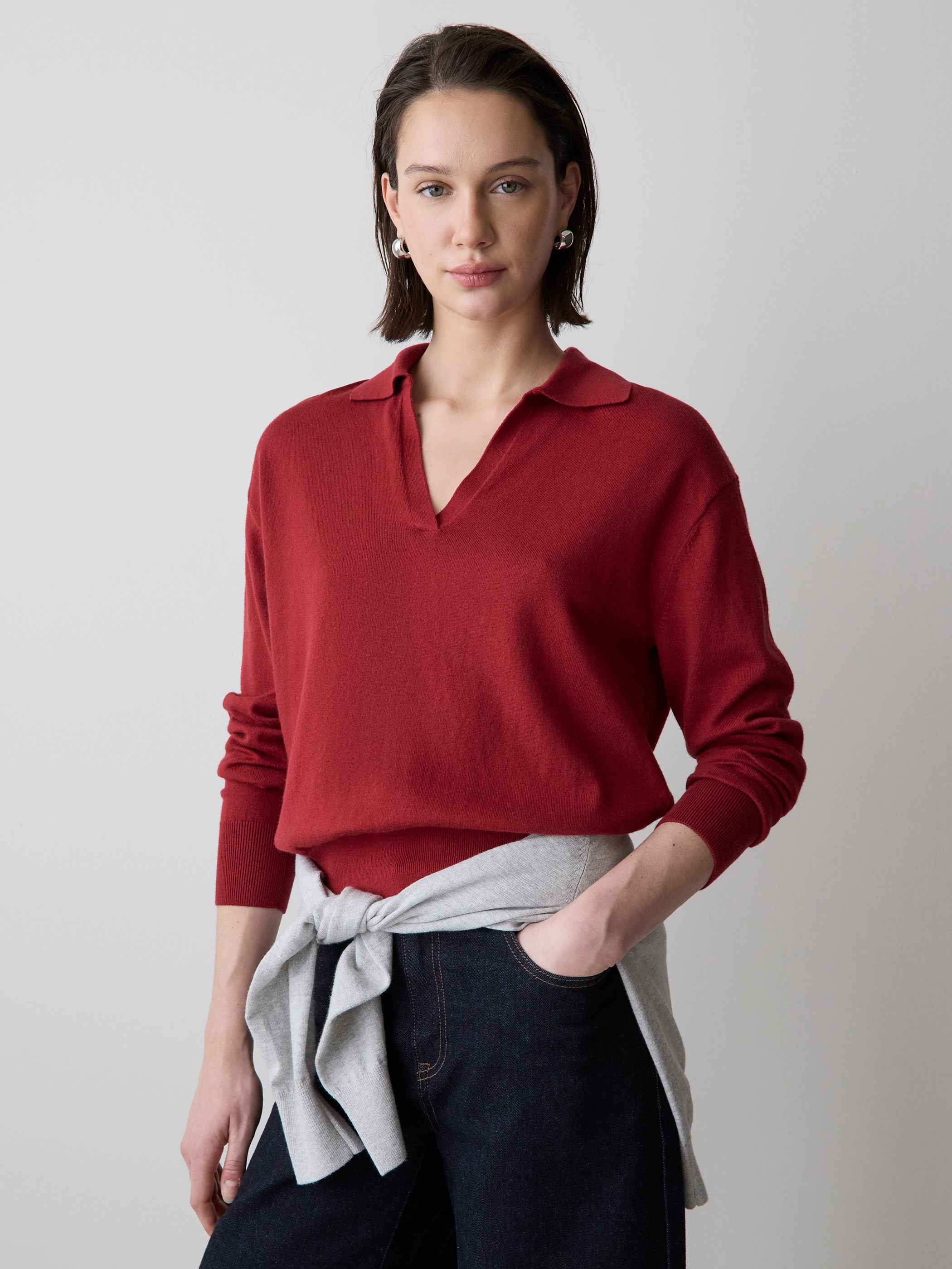 Wool-Blend Long-Sleeve Polo Sweater rw&co Special Promo Price