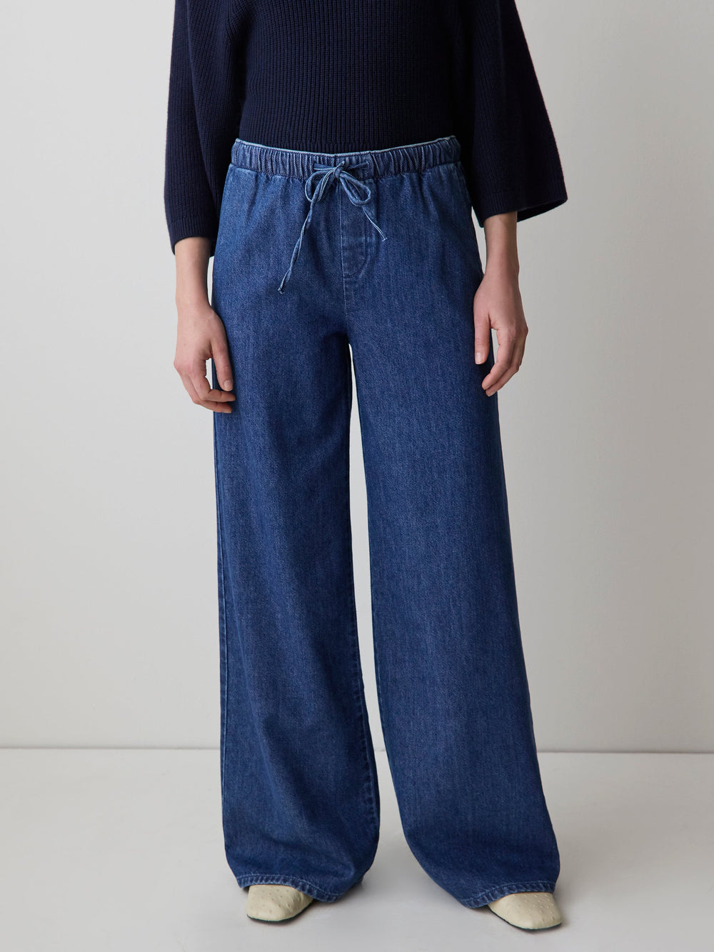 Wide-Leg Denim Pants with Elastic Waistband rw&co On Sale