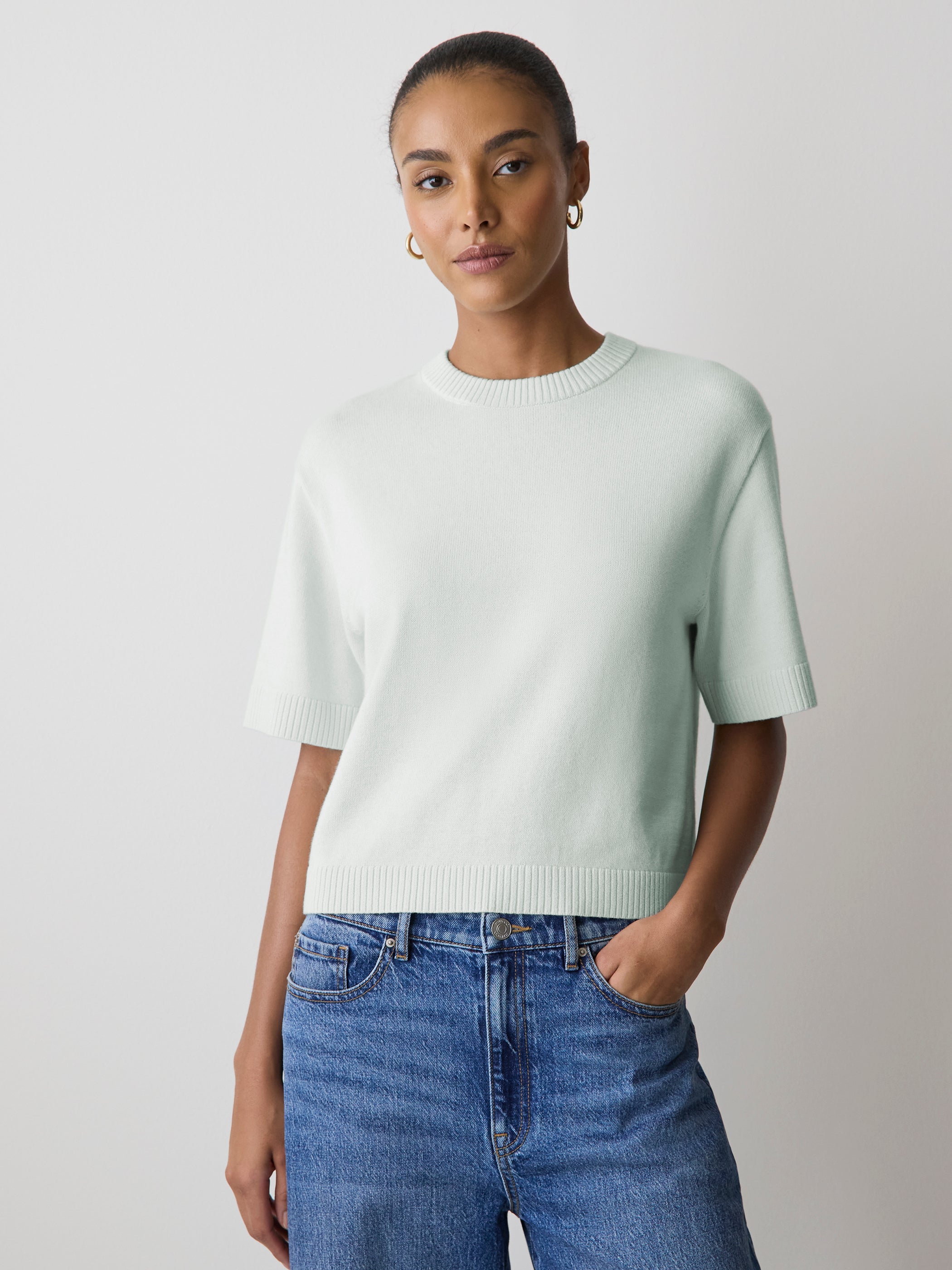 Wool-Blend Short-Sleeve Crew-Neck Sweater rw&co Exclusive Sale Price
