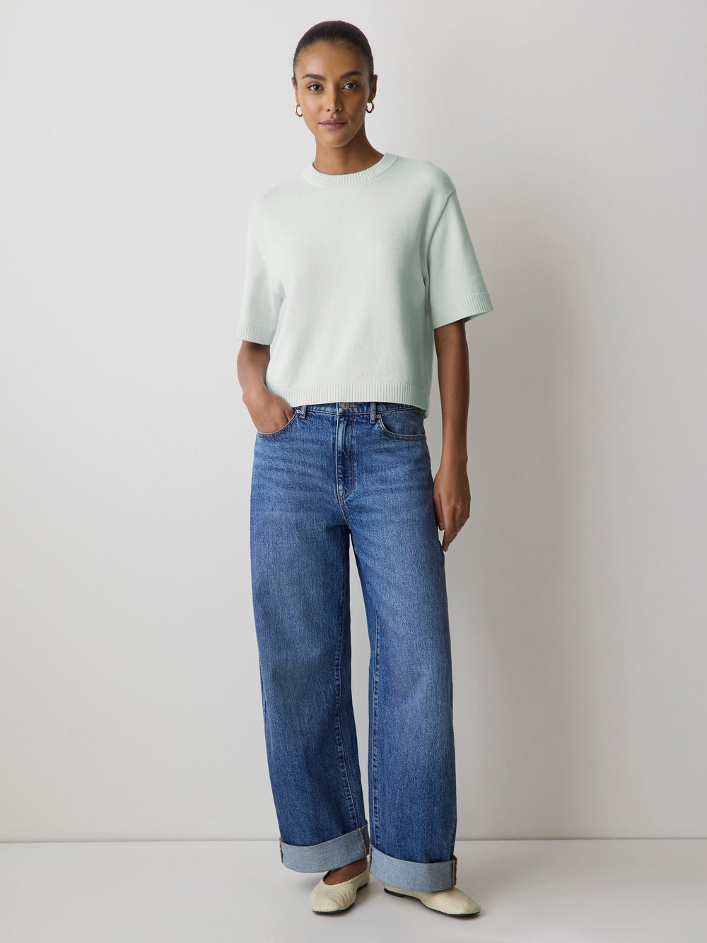 Wool-Blend Short-Sleeve Crew-Neck Sweater rw&co Exclusive Sale Price