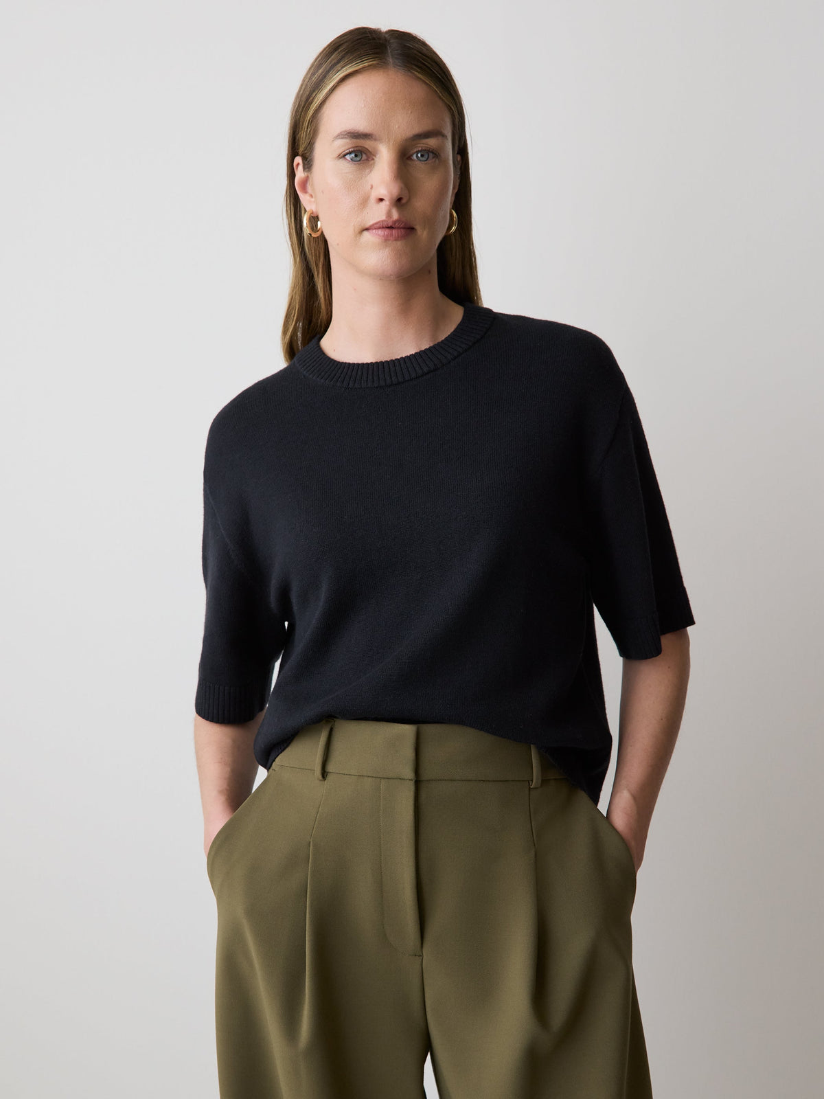 Wool-Blend Short-Sleeve Crew-Neck Sweater rw&co Exclusive Sale Price