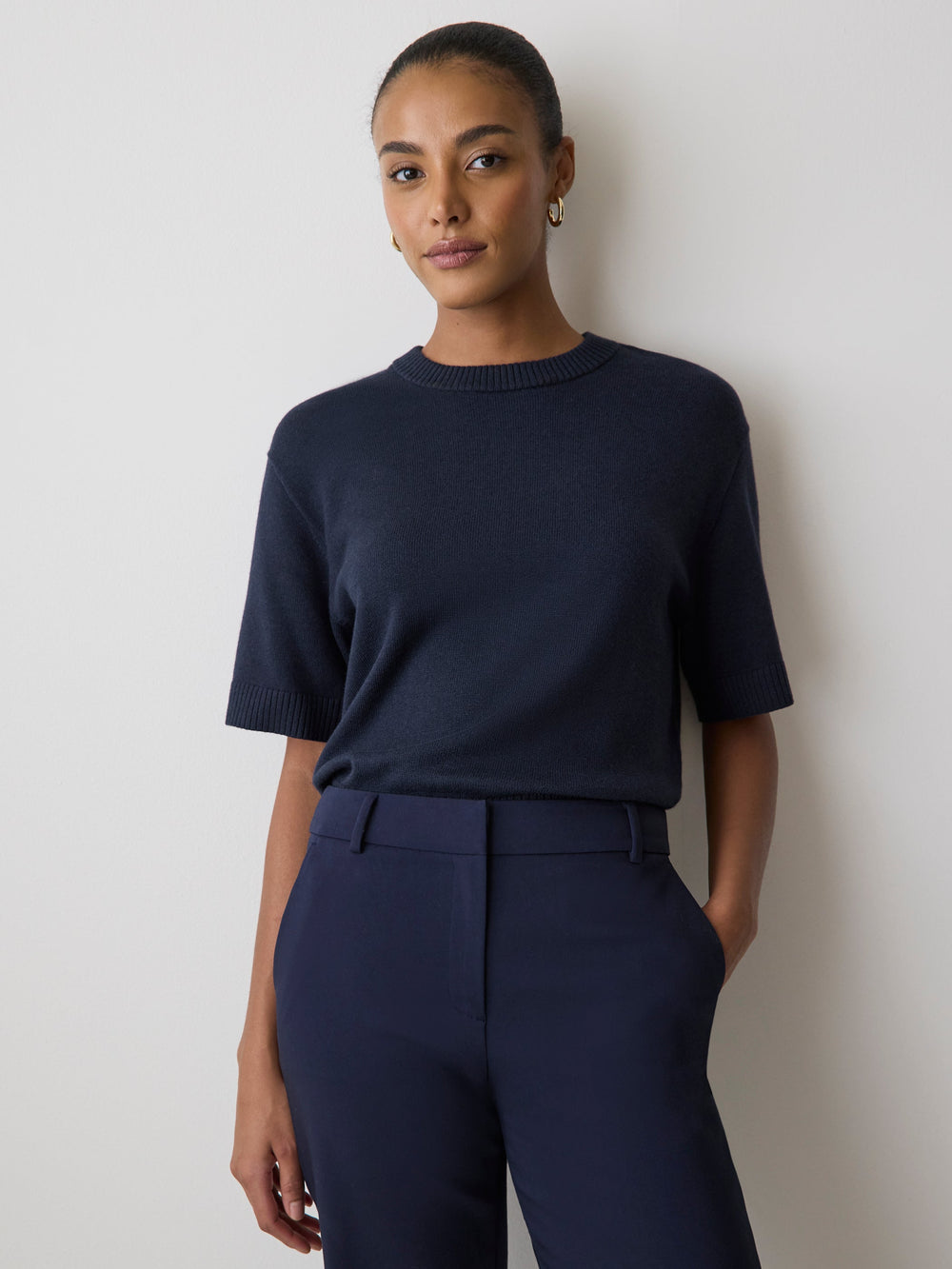 Wool-Blend Short-Sleeve Crew-Neck Sweater rw&co Exclusive Sale Price