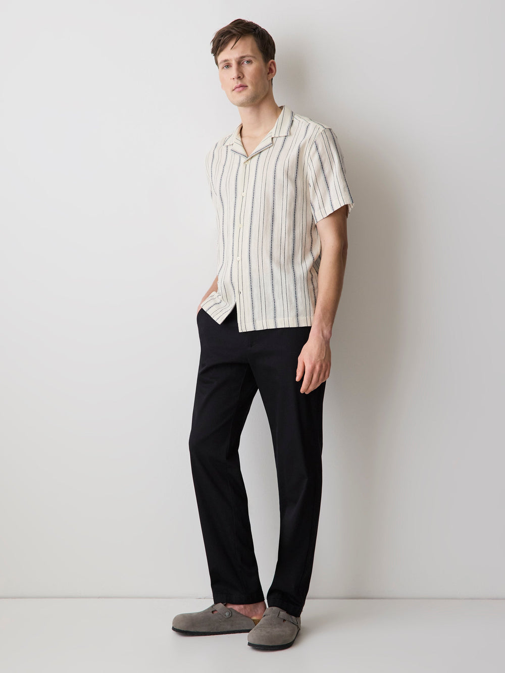 Striped Short-Sleeve Textured Shirt with Camp Collar rw&co Special Promo Price