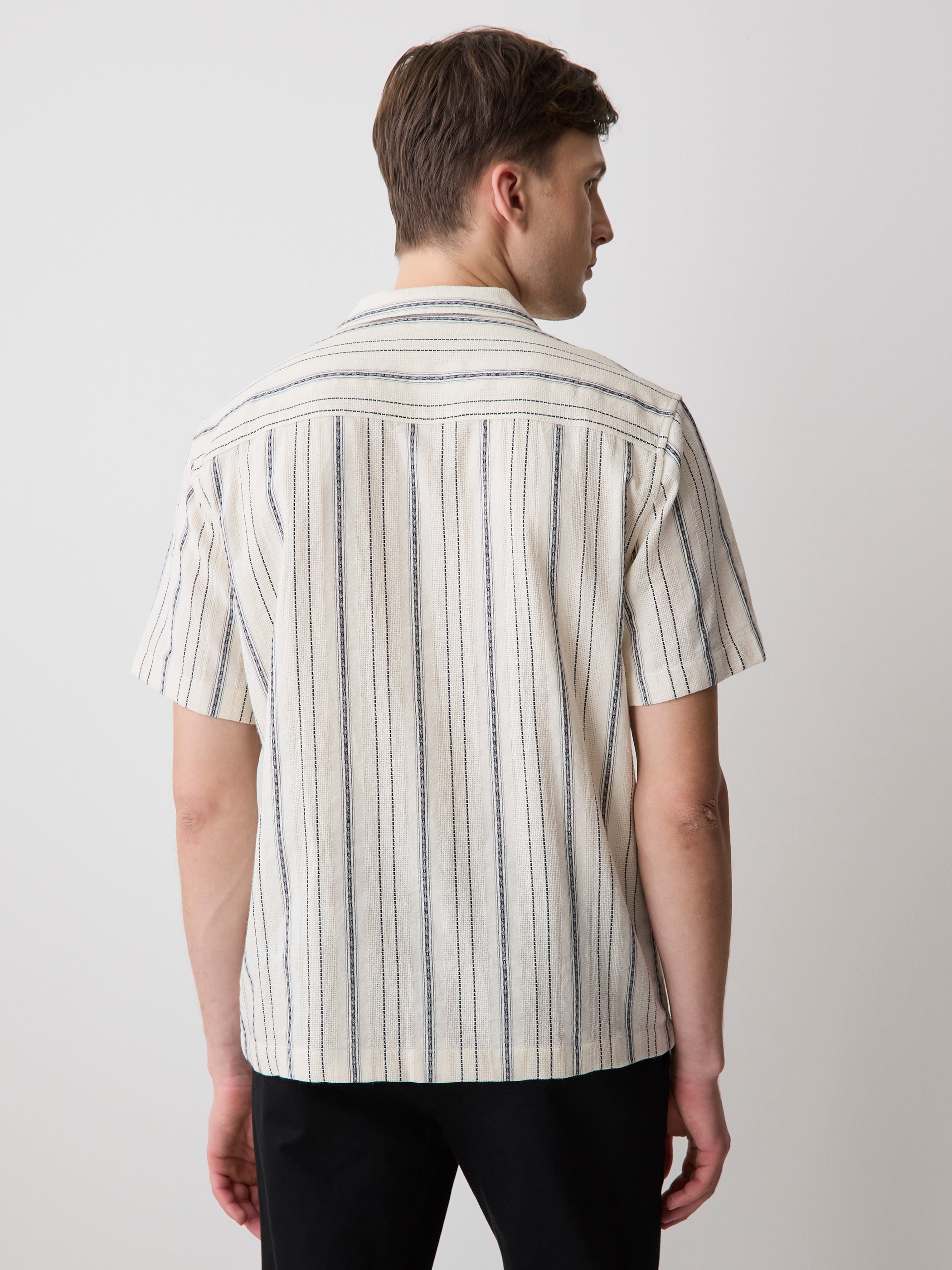 Striped Short-Sleeve Textured Shirt with Camp Collar rw&co Special Promo Price