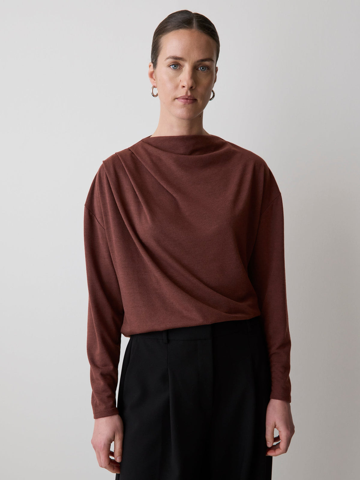 Long-Sleeve Top with Draped Crew Neckline rw&co Limited Time Discount