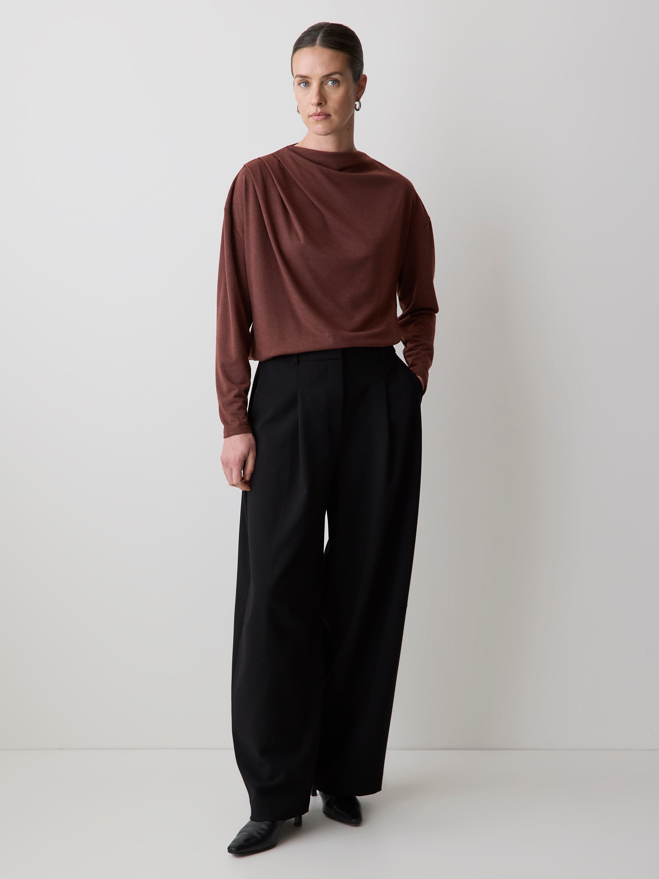 Long-Sleeve Top with Draped Crew Neckline rw&co Limited Time Discount