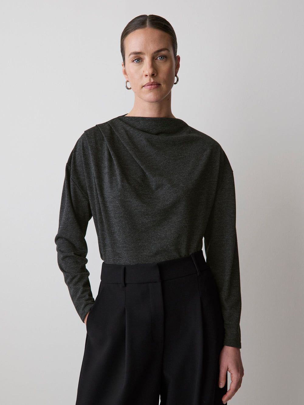 Long-Sleeve Top with Draped Crew Neckline rw&co Limited Time Discount