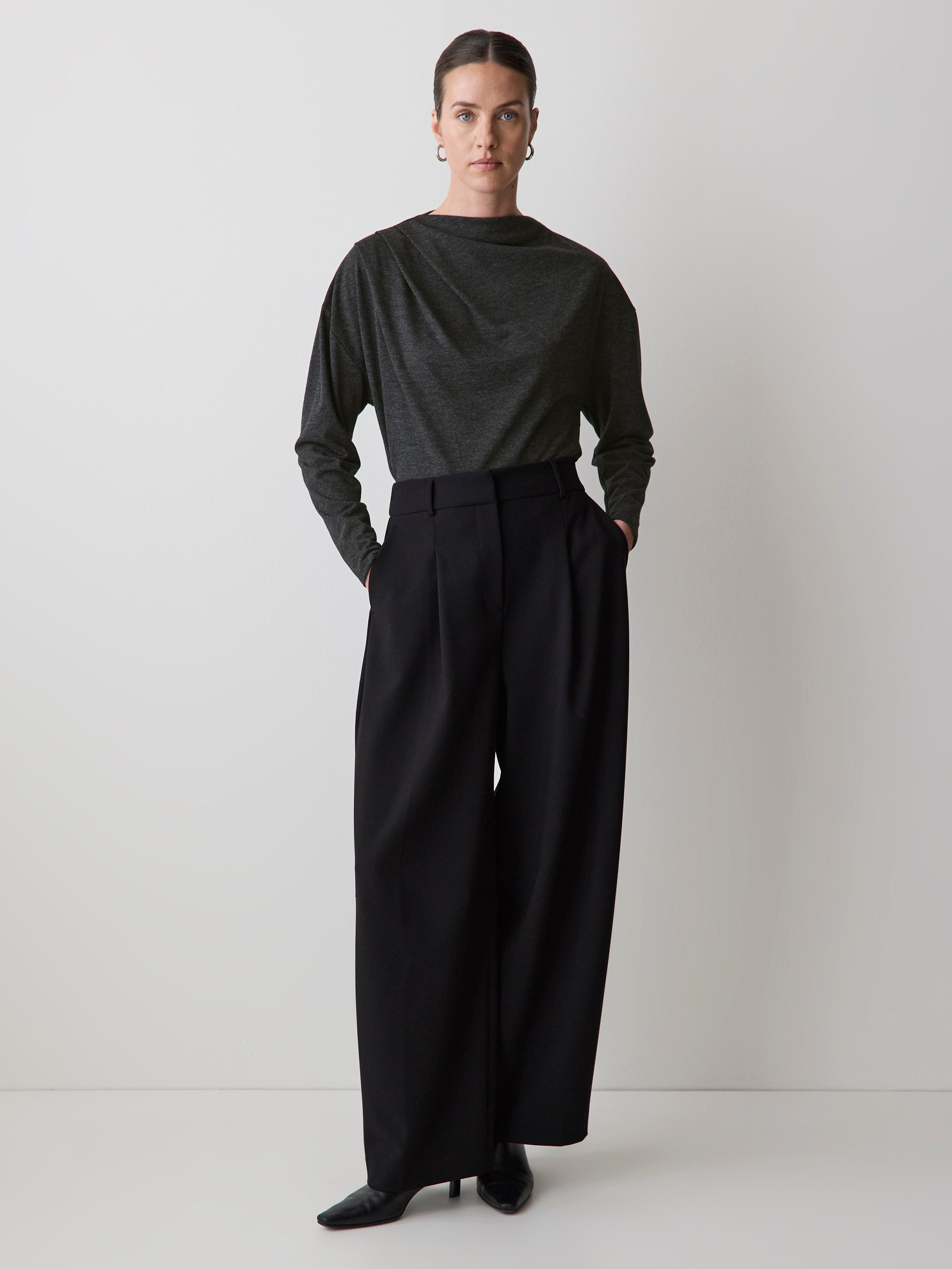 Long-Sleeve Top with Draped Crew Neckline rw&co Limited Time Discount