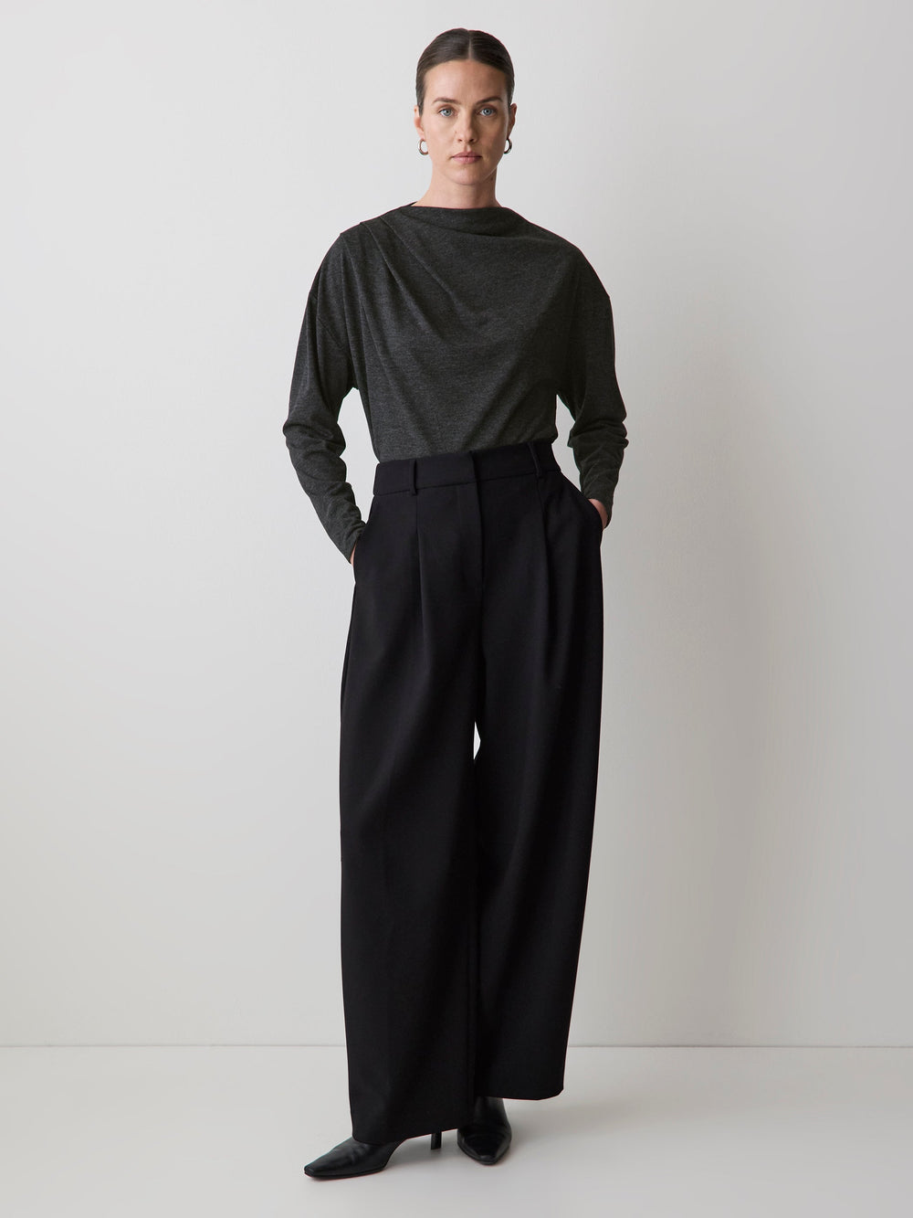 Long-Sleeve Top with Draped Crew Neckline rw&co Limited Time Discount