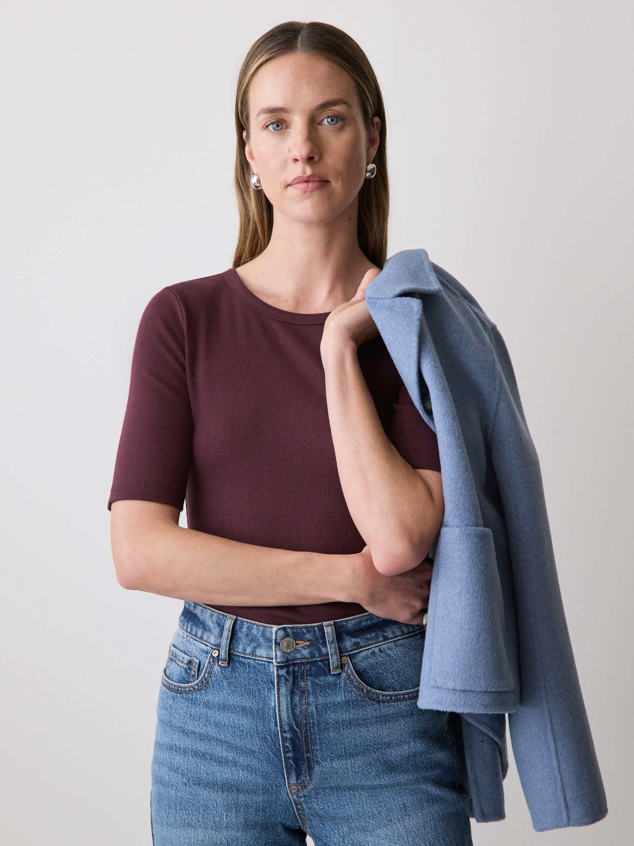 Elbow-Sleeve Crew-Neck Ribbed Tee rw&co Great Value Deal
