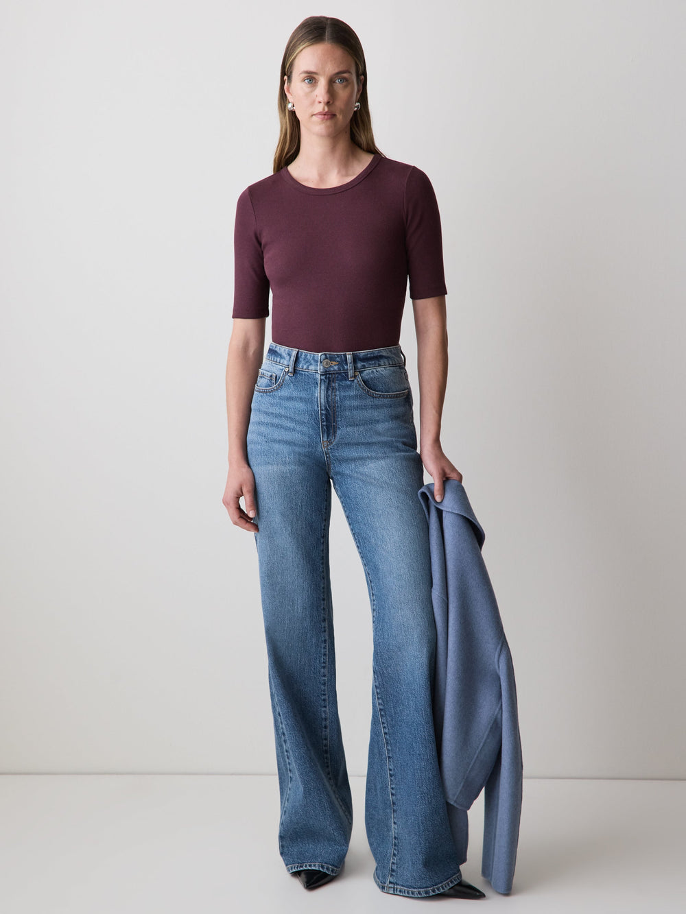 Elbow-Sleeve Crew-Neck Ribbed Tee rw&co Great Value Deal