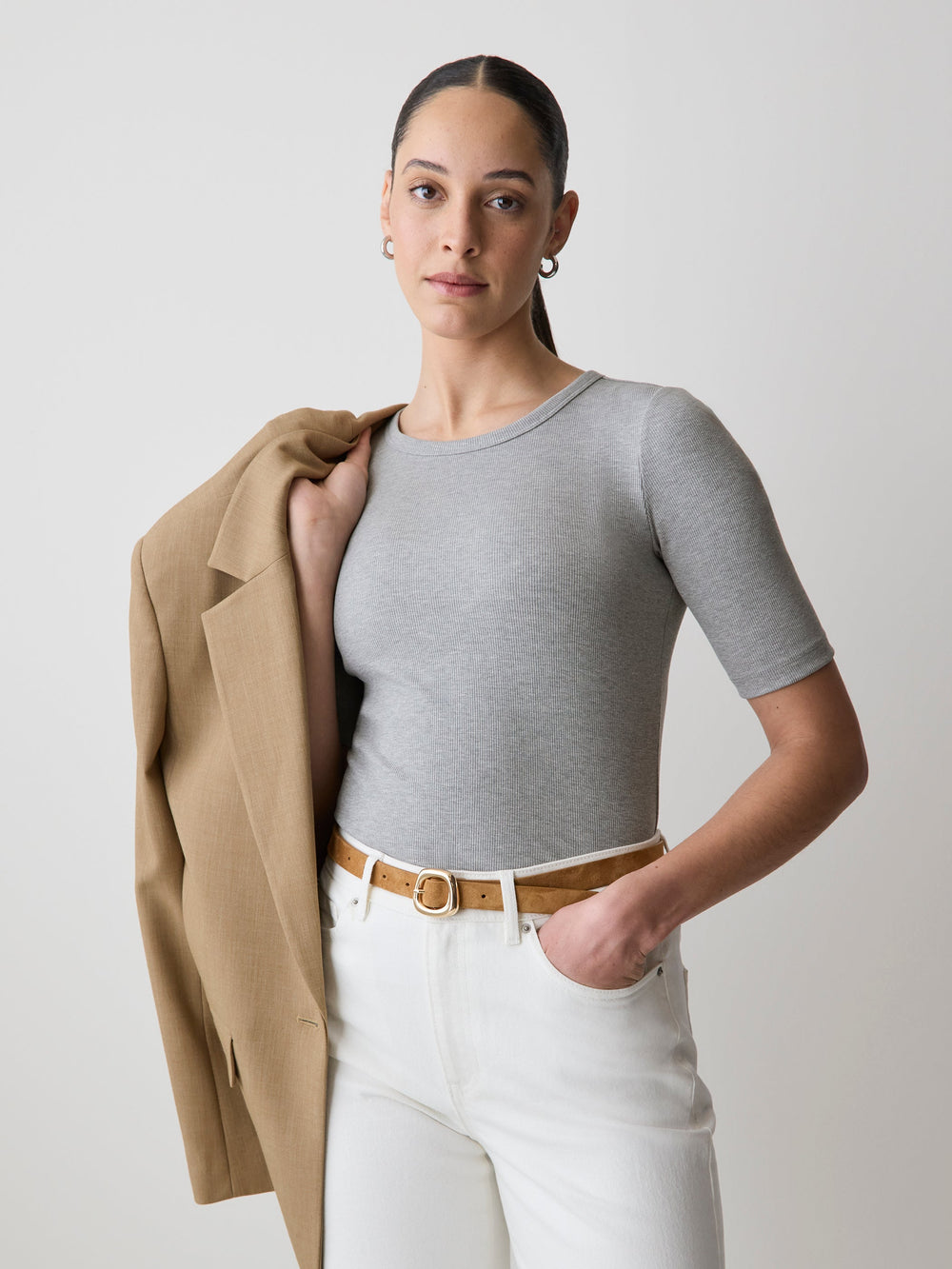 Elbow-Sleeve Crew-Neck Ribbed Tee rw&co Great Value Deal