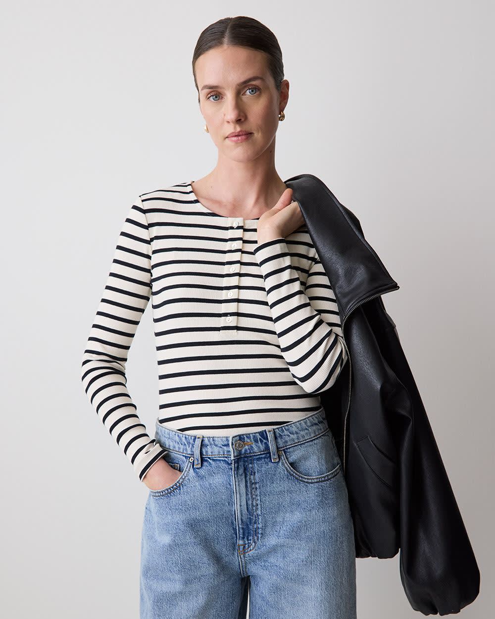 Long-Sleeve Henley Ribbed Top rw&co Great Value Deal