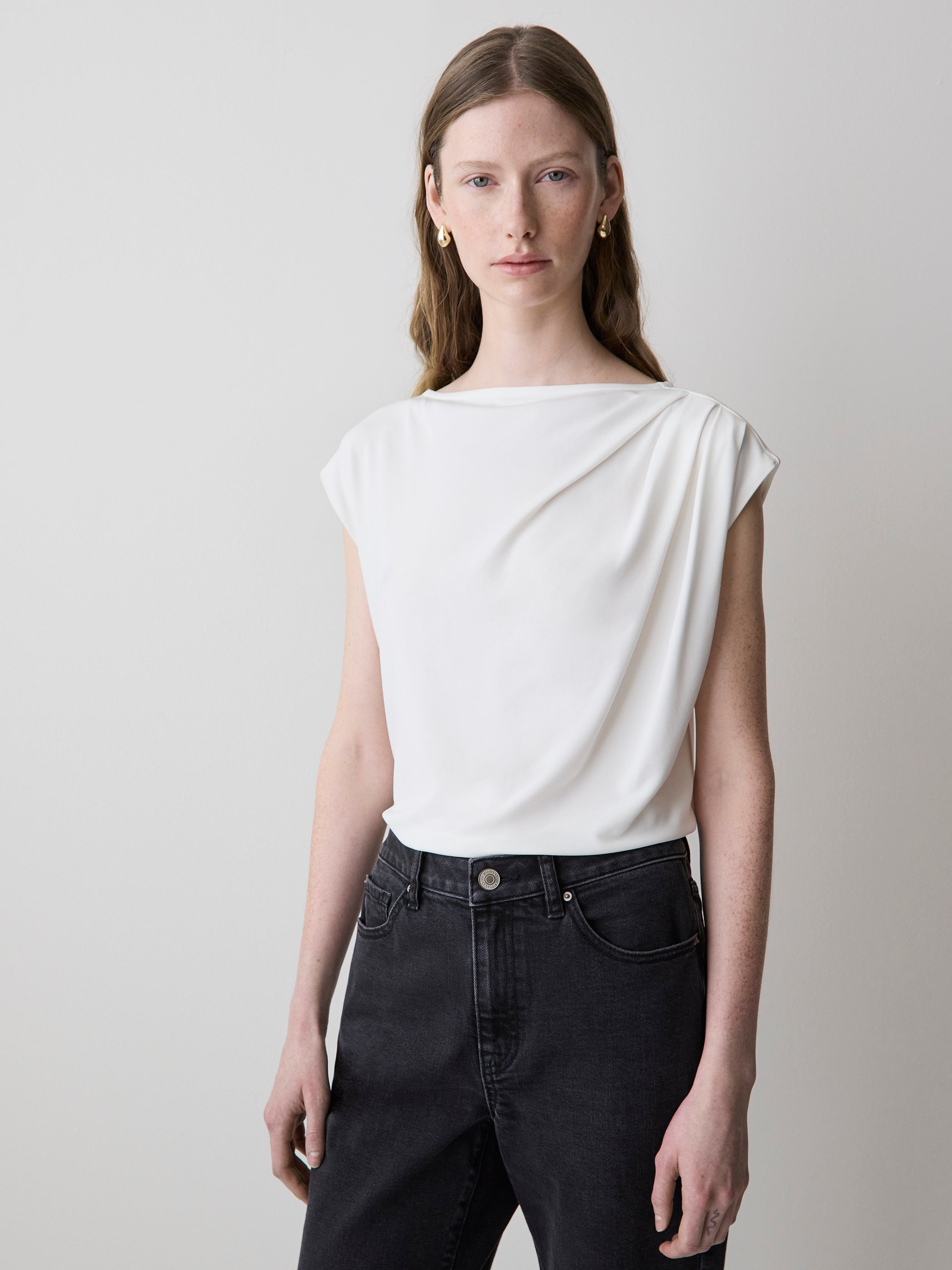 Extended-Sleeve Boat-Neck Top with Pleated Details rw&co Exclusive Sale Price