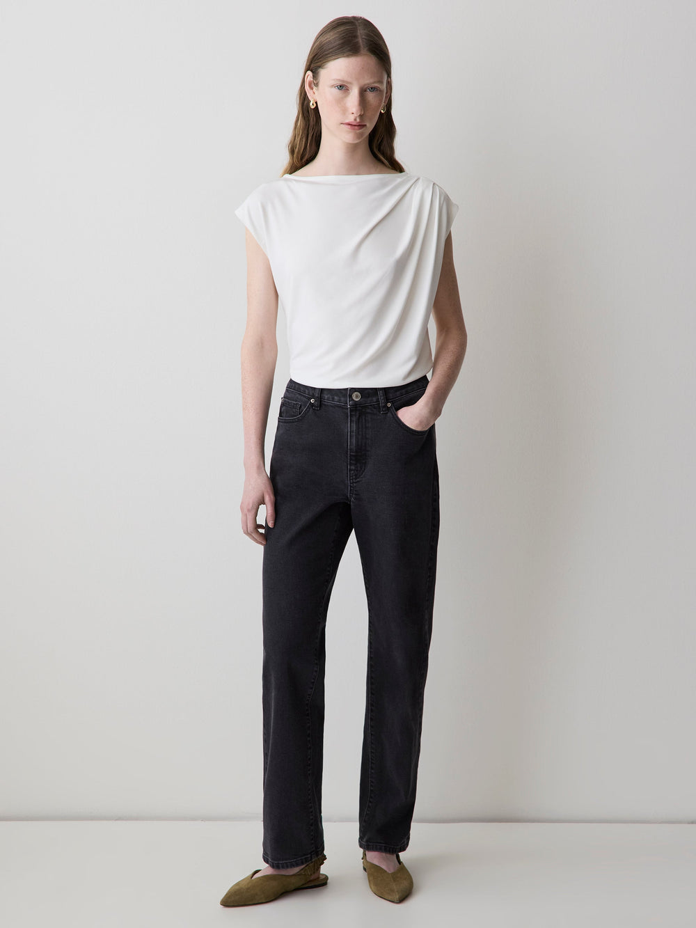 Extended-Sleeve Boat-Neck Top with Pleated Details rw&co Exclusive Sale Price