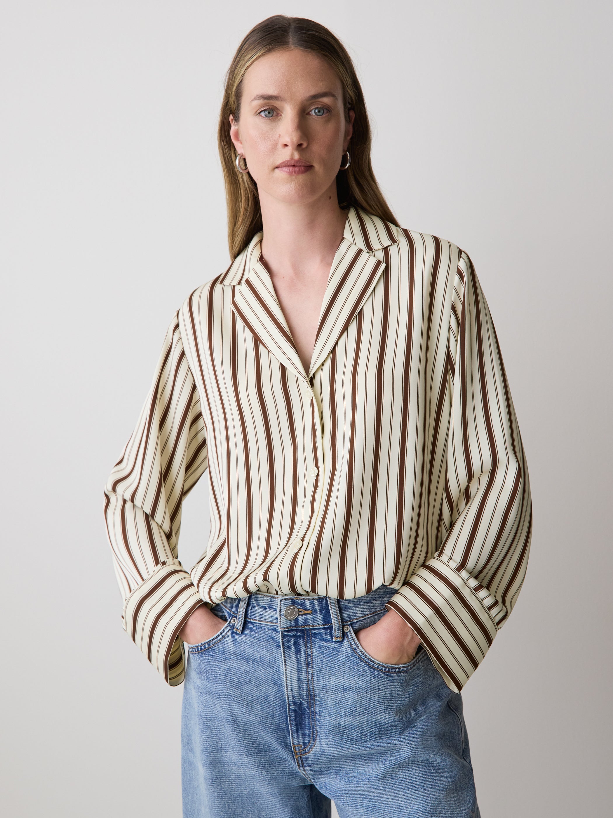 Long-Sleeve Twill Blouse with Notch Collar rw&co Exclusive Sale Price