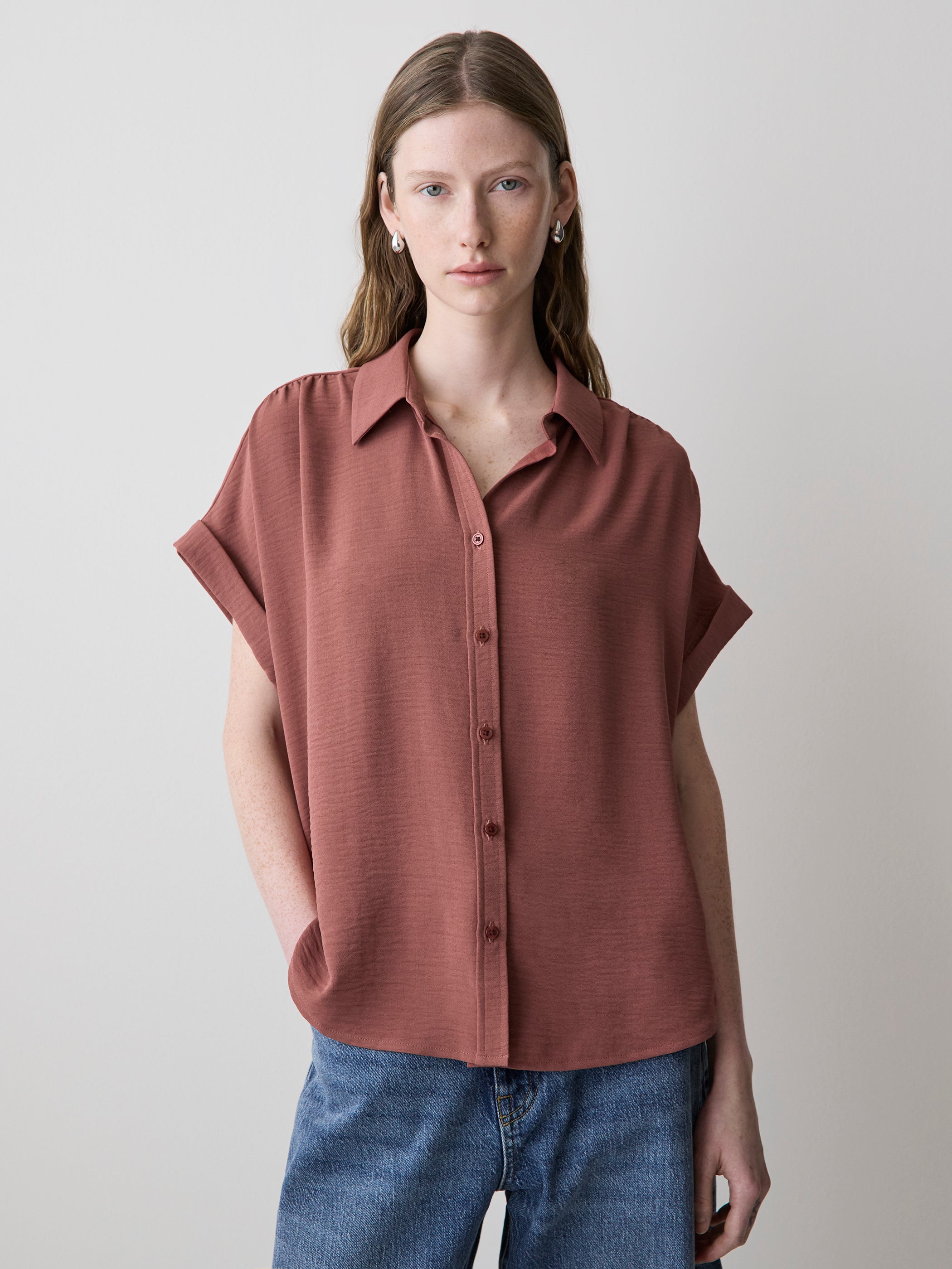 Short-Sleeve Buttoned-Down Blouse rw&co On Sale