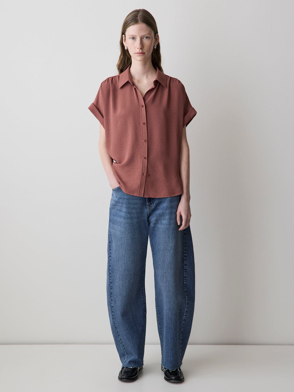 Short-Sleeve Buttoned-Down Blouse rw&co On Sale