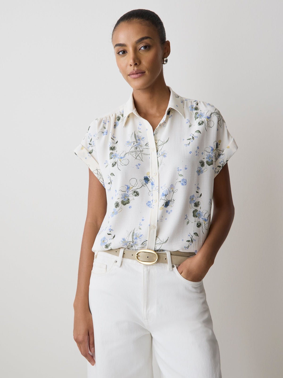 Short-Sleeve Buttoned-Down Blouse rw&co On Sale