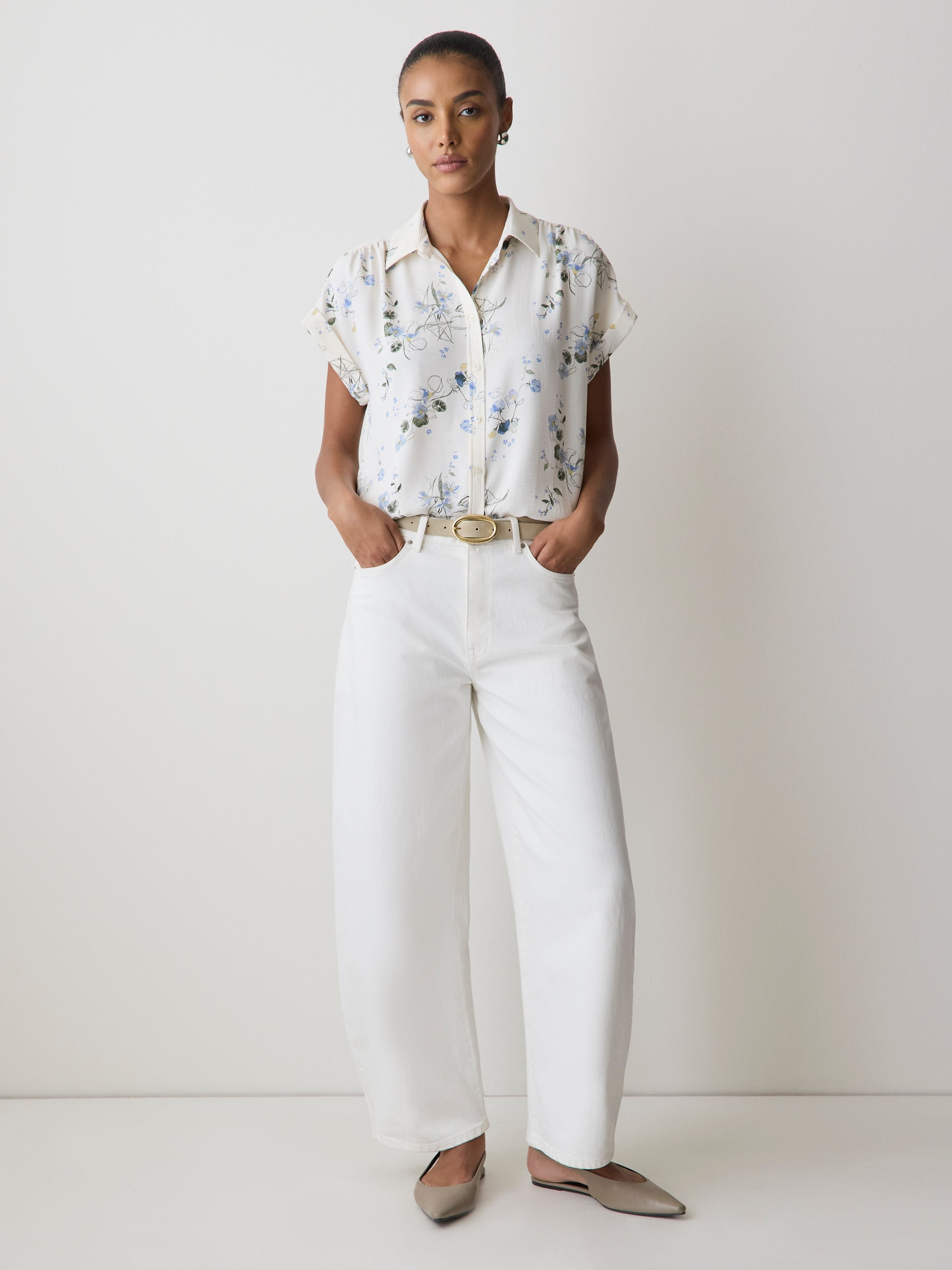 Short-Sleeve Buttoned-Down Blouse rw&co On Sale