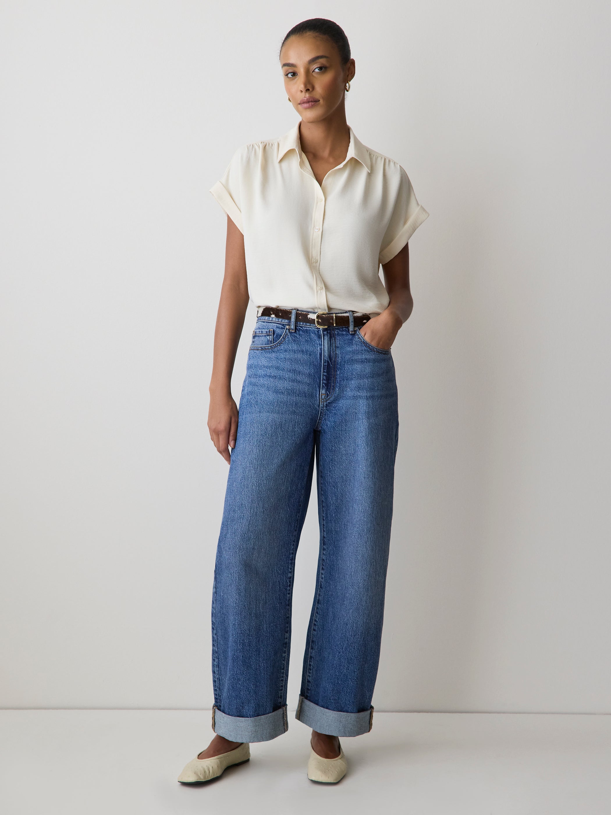 Short-Sleeve Buttoned-Down Blouse rw&co On Sale