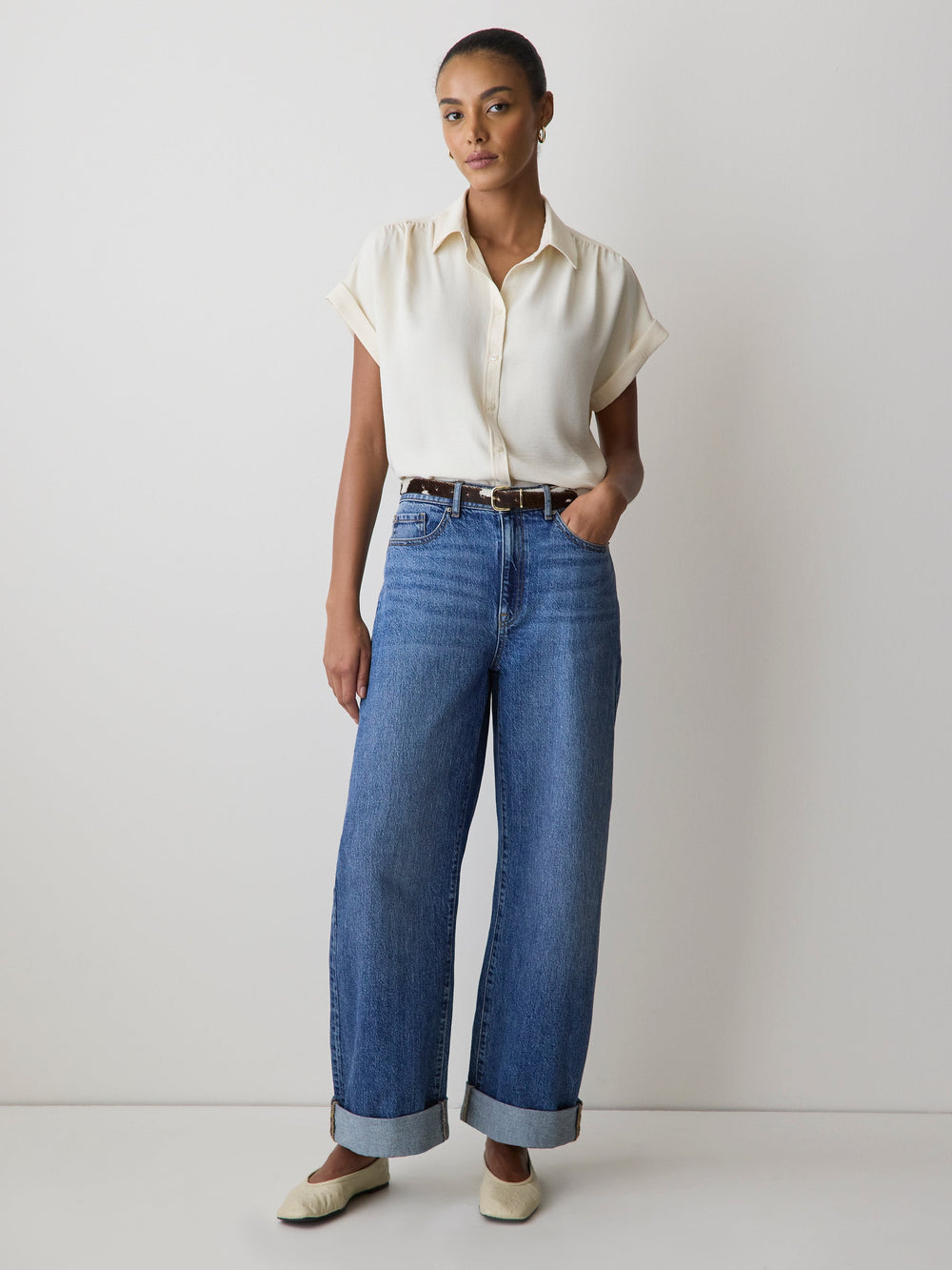 Short-Sleeve Buttoned-Down Blouse rw&co On Sale