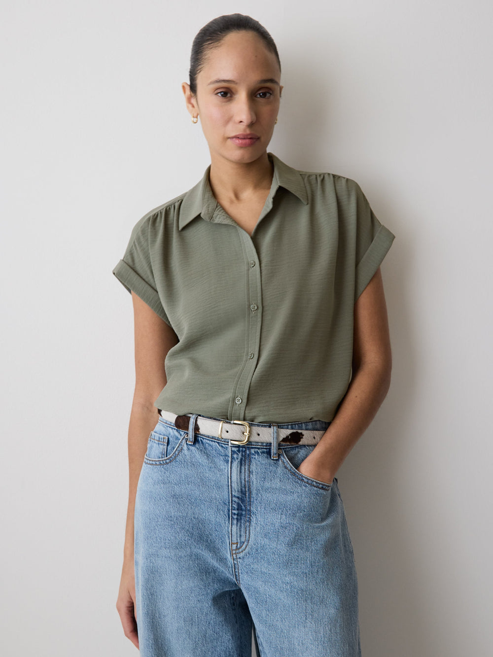 Short-Sleeve Buttoned-Down Blouse rw&co On Sale